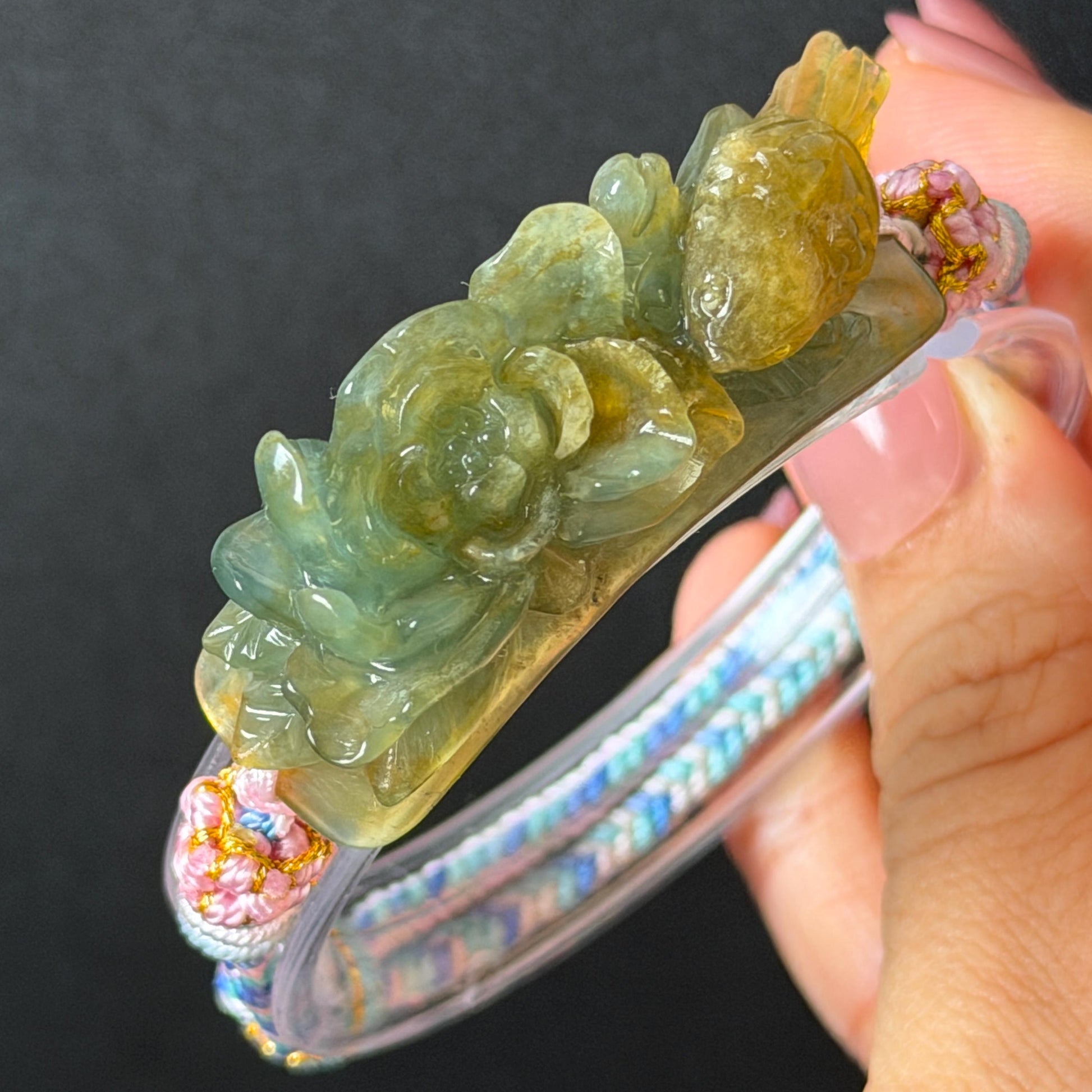 Natural Xiu Jade Serpentine Hand Carved Bird & Flower Charm Braided Bracelet: Green and Yellow Jade Adjustable Bracelet 3D Stone Carving adjustable bracelet woven bracelet rope 3D jade carving green jade yellow jade multicolour jade natural untreated jade handcrafted charm bead bracelet handmade bracelet bird carving flower carving hand engraved charm chinese braided bracelet vintage bracelet antique bracelet lucky rope peony carving