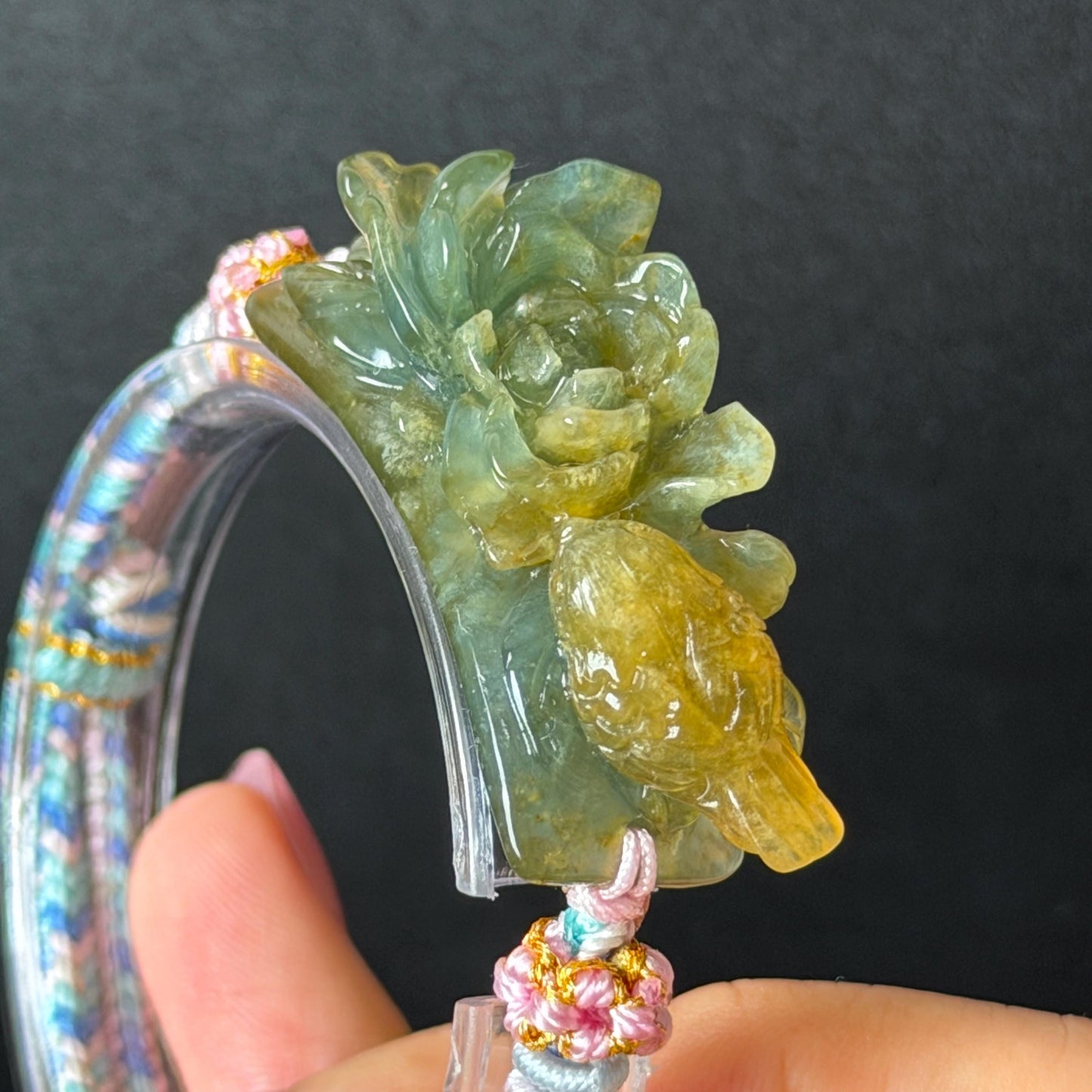 Natural Xiu Jade Serpentine Hand Carved Bird & Flower Charm Braided Bracelet: Green and Yellow Jade Adjustable Bracelet 3D Stone Carving adjustable bracelet woven bracelet rope 3D jade carving green jade yellow jade multicolour jade natural untreated jade handcrafted charm bead bracelet handmade bracelet bird carving flower carving hand engraved charm chinese braided bracelet vintage bracelet antique bracelet lucky rope peony carving