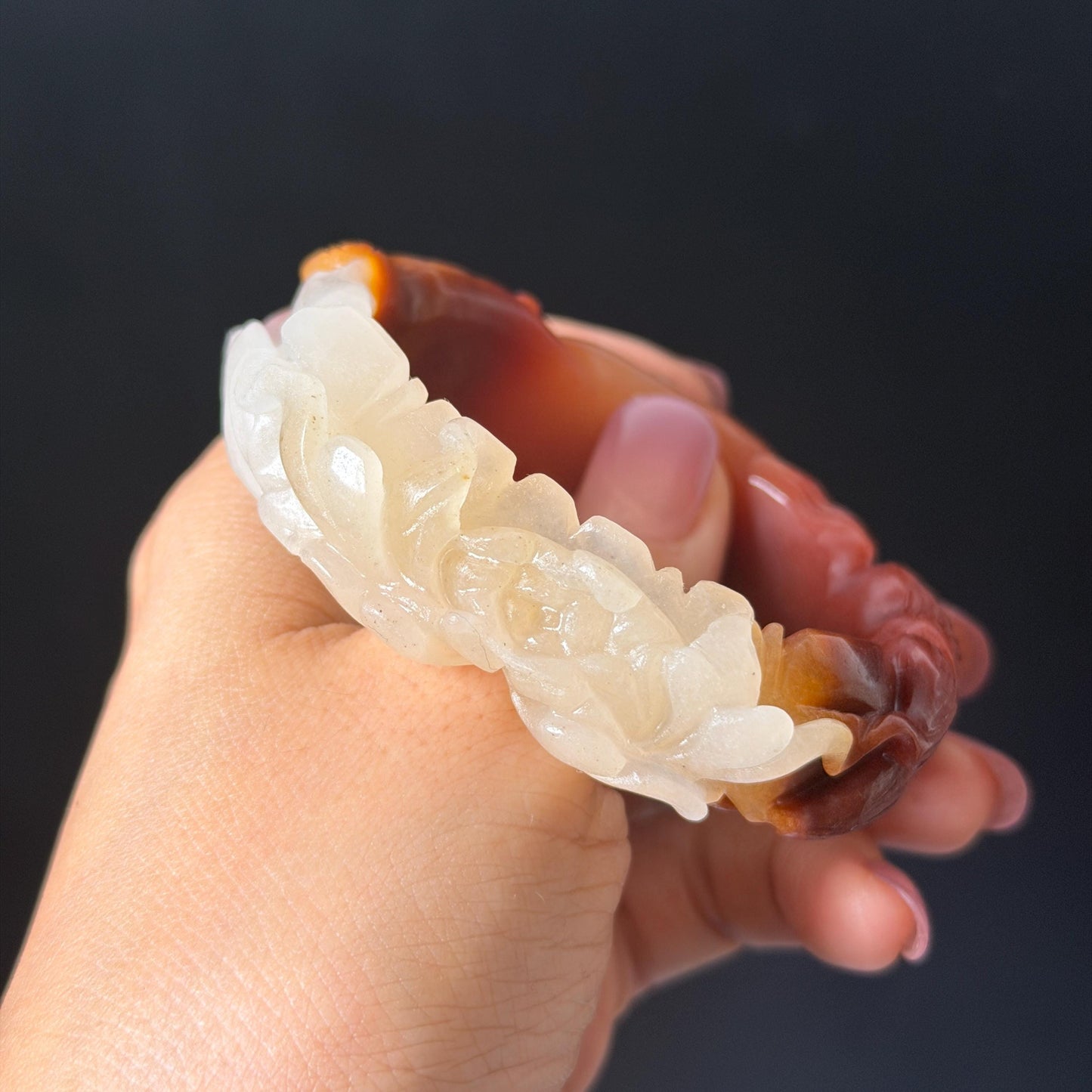 48-70mm! Custom Size Golden Silk Jade (Quartzose) Hand Carved Nine-tailed Fox & Peony Flower Bangle Natural Untreated White Red Jade Handcrafted Stone Bracelet make to order tailor made bracelet fox carving fox lover gift red jade white jade chinese jade multicolor jade antique jade bracelet vintage jade bangle 3D stone carving animals carving hand engraved gemstone bangle for women customized bracelet handmade bangle nine tail fox carving gift for her peony carving flower carving