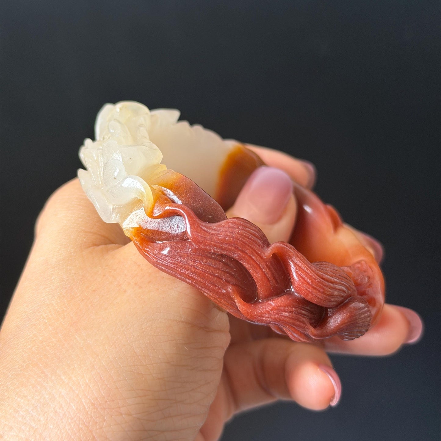 48-70mm! Custom Size Golden Silk Jade (Quartzose) Hand Carved Nine-tailed Fox & Peony Flower Bangle Natural Untreated White Red Jade Handcrafted Stone Bracelet make to order tailor made bracelet fox carving fox lover gift red jade white jade chinese jade multicolor jade antique jade bracelet vintage jade bangle 3D stone carving animals carving hand engraved gemstone bangle for women customized bracelet handmade bangle nine tail fox carving gift for her peony carving flower carving