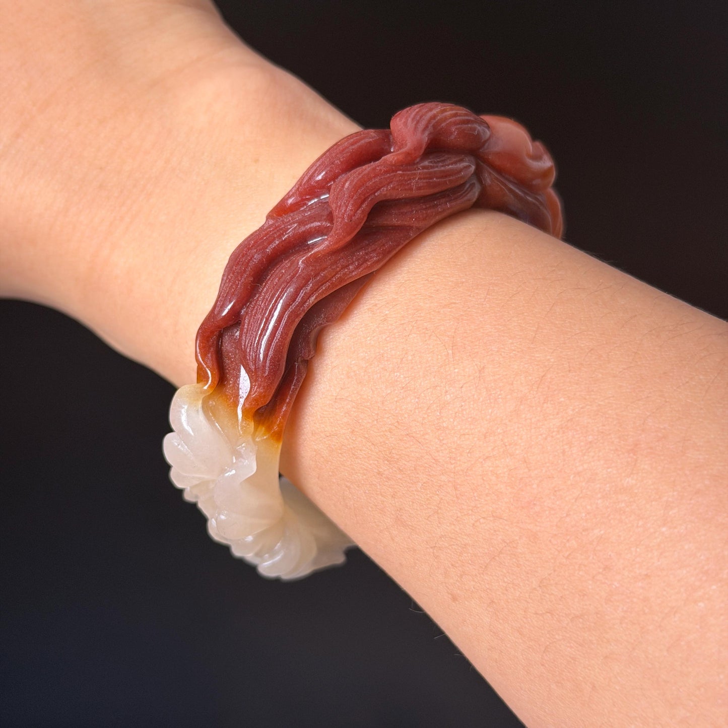 48-70mm! Custom Size Golden Silk Jade (Quartzose) Hand Carved Nine-tailed Fox & Peony Flower Bangle Natural Untreated White Red Jade Handcrafted Stone Bracelet make to order tailor made bracelet fox carving fox lover gift red jade white jade chinese jade multicolor jade antique jade bracelet vintage jade bangle 3D stone carving animals carving hand engraved gemstone bangle for women customized bracelet handmade bangle nine tail fox carving gift for her peony carving flower carving