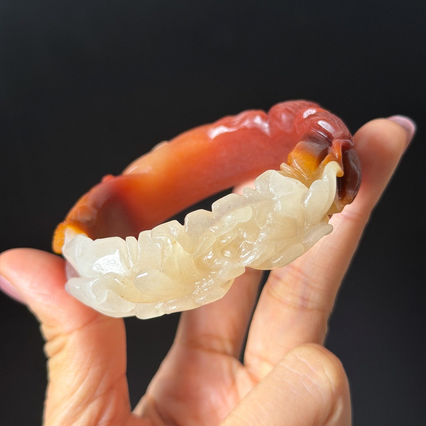 48-70mm! Custom Size Golden Silk Jade (Quartzose) Hand Carved Nine-tailed Fox & Peony Flower Bangle Natural Untreated White Red Jade Handcrafted Stone Bracelet make to order tailor made bracelet fox carving fox lover gift red jade white jade chinese jade multicolor jade antique jade bracelet vintage jade bangle 3D stone carving animals carving hand engraved gemstone bangle for women customized bracelet handmade bangle nine tail fox carving gift for her peony carving flower carving