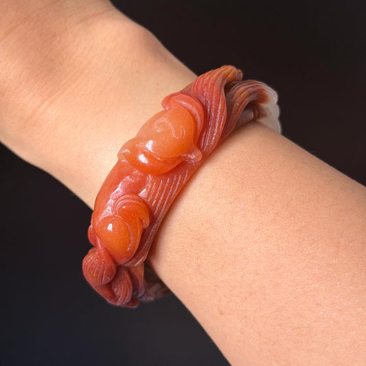 48-70mm! Custom Size Golden Silk Jade (Quartzose) Hand Carved Nine-tailed Fox & Peony Flower Bangle Natural Untreated White Red Jade Handcrafted Stone Bracelet make to order tailor made bracelet fox carving fox lover gift red jade white jade chinese jade multicolor jade antique jade bracelet vintage jade bangle 3D stone carving animals carving hand engraved gemstone bangle for women customized bracelet handmade bangle nine tail fox carving gift for her peony carving flower carving