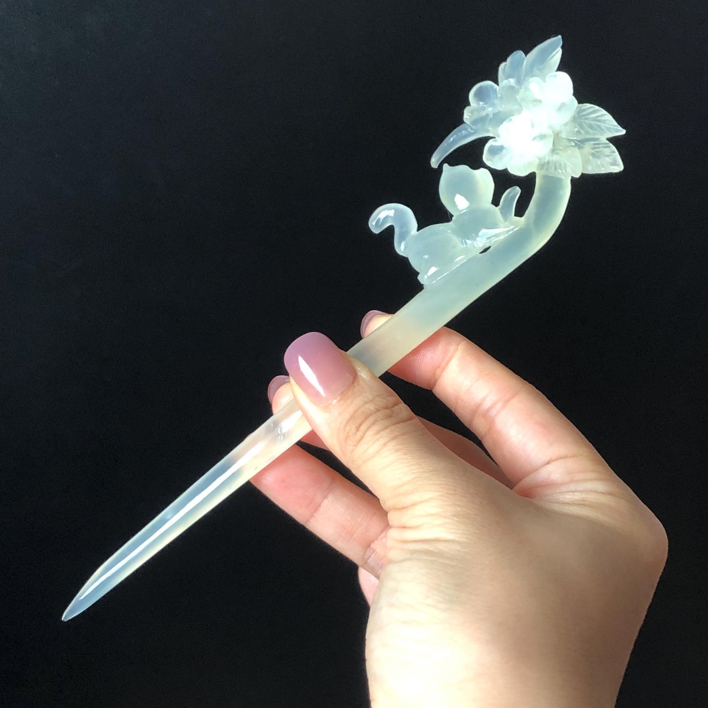 Xiu Jade Serpentine Hand Carved Cat Kitten & Flowers Hair Pin: Natural Bicolour White Green Jade Handcrafted Hanfu Hair Stick | Asian Chinese Vintage Style Hairpin Gift for her hand engraved green jade carving hand carved cat hairpin cat carving hand engraved flower hair stick chinese jade hair comb hanfu hair fork korean hairpins japanese hair clip cat lover gift vintage hair stick natural untreated jade hair crown handmade hair jewelry cat lover gift birthday gift 3D stone carving