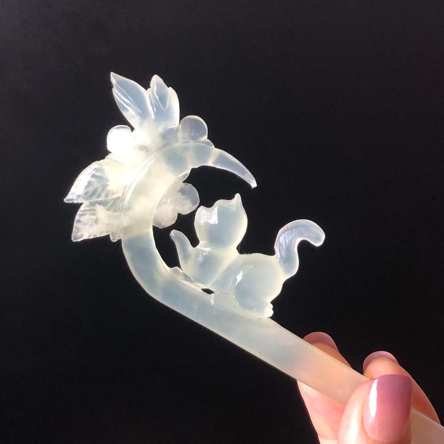 Xiu Jade Serpentine Hand Carved Cat Kitten & Flowers Hair Pin: Natural Bicolour White Green Jade Handcrafted Hanfu Hair Stick | Asian Chinese Vintage Style Hairpin Gift for her hand engraved green jade carving hand carved cat hairpin cat carving hand engraved flower hair stick chinese jade hair comb hanfu hair fork korean hairpins japanese hair clip cat lover gift vintage hair stick natural untreated jade hair crown handmade hair jewelry cat lover gift birthday gift 3D stone carving