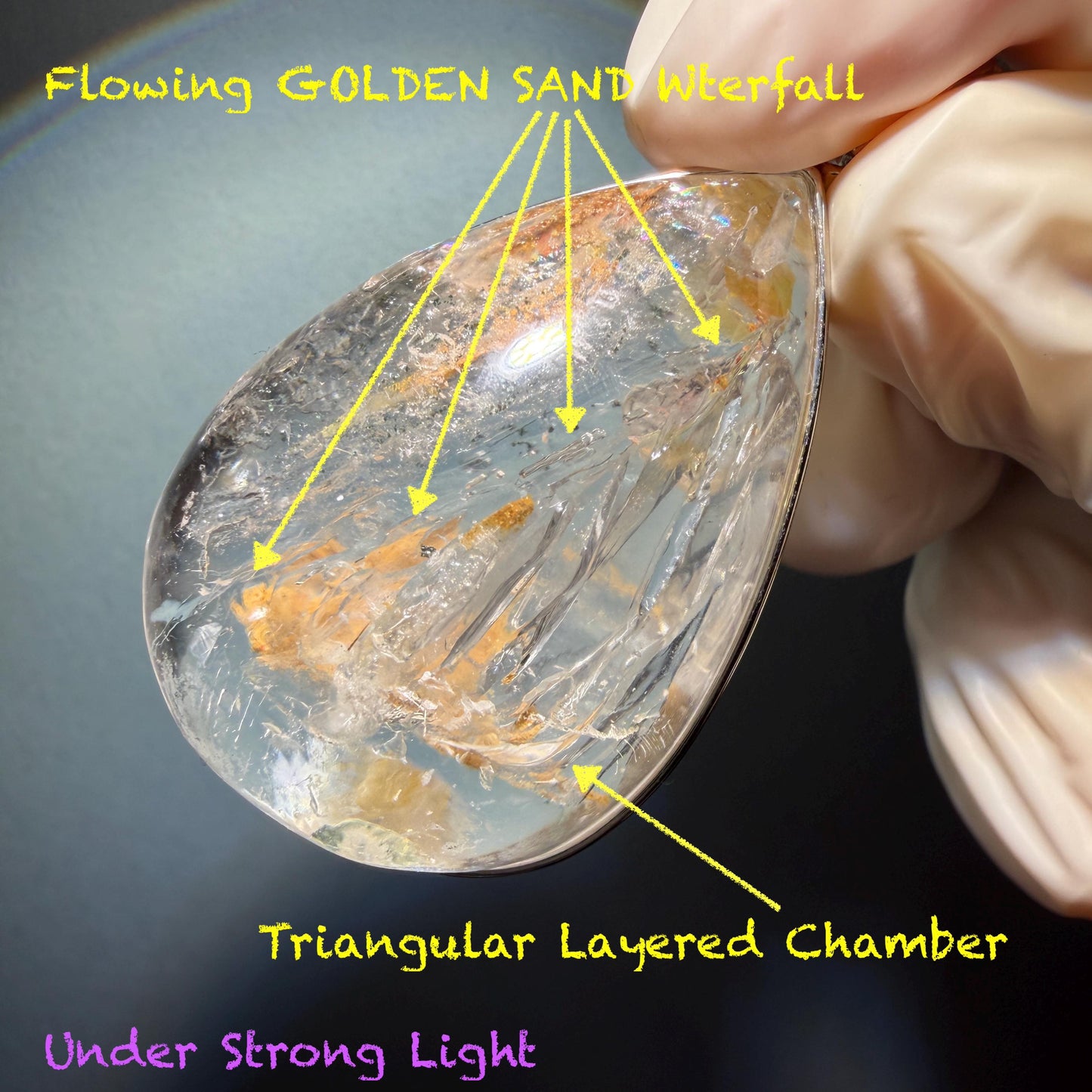 Ultra Rare! Polished Enhydro Quartz Shimmering Golden Yellow Sand Waterfall & Big Shifting Bubble with white Jellyfish S925 Silver Teardrop Pendant Adjustable Necklace | Natural Gemstone Birthstone Gift for her enhydro quartz sand water-fall pendant necklace choker gemstone charm stone pendant choker polished stone pendant crystal charm birthstone men necklace chakra crystal minerals specimen silver wire wrapped pendant inclusion crystal inclusion crystal yellow sand inclusion rainbow quartz