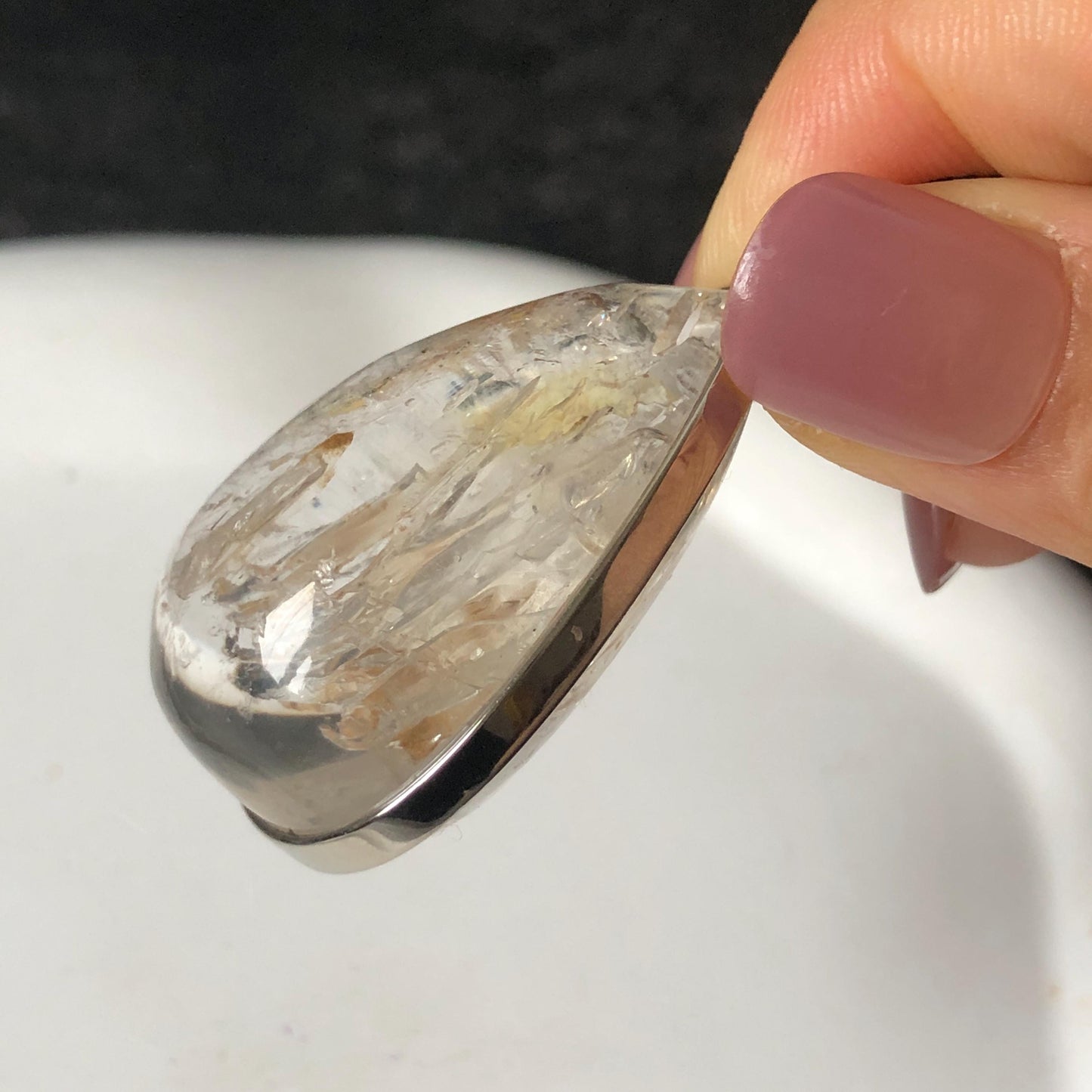 Ultra Rare! Polished Enhydro Quartz Shimmering Golden Yellow Sand Waterfall & Big Shifting Bubble with white Jellyfish S925 Silver Teardrop Pendant Adjustable Necklace | Natural Gemstone Birthstone Gift for her enhydro quartz sand water-fall pendant necklace choker gemstone charm stone pendant choker polished stone pendant crystal charm birthstone men necklace chakra crystal minerals specimen silver wire wrapped pendant inclusion crystal inclusion crystal yellow sand inclusion rainbow quartz