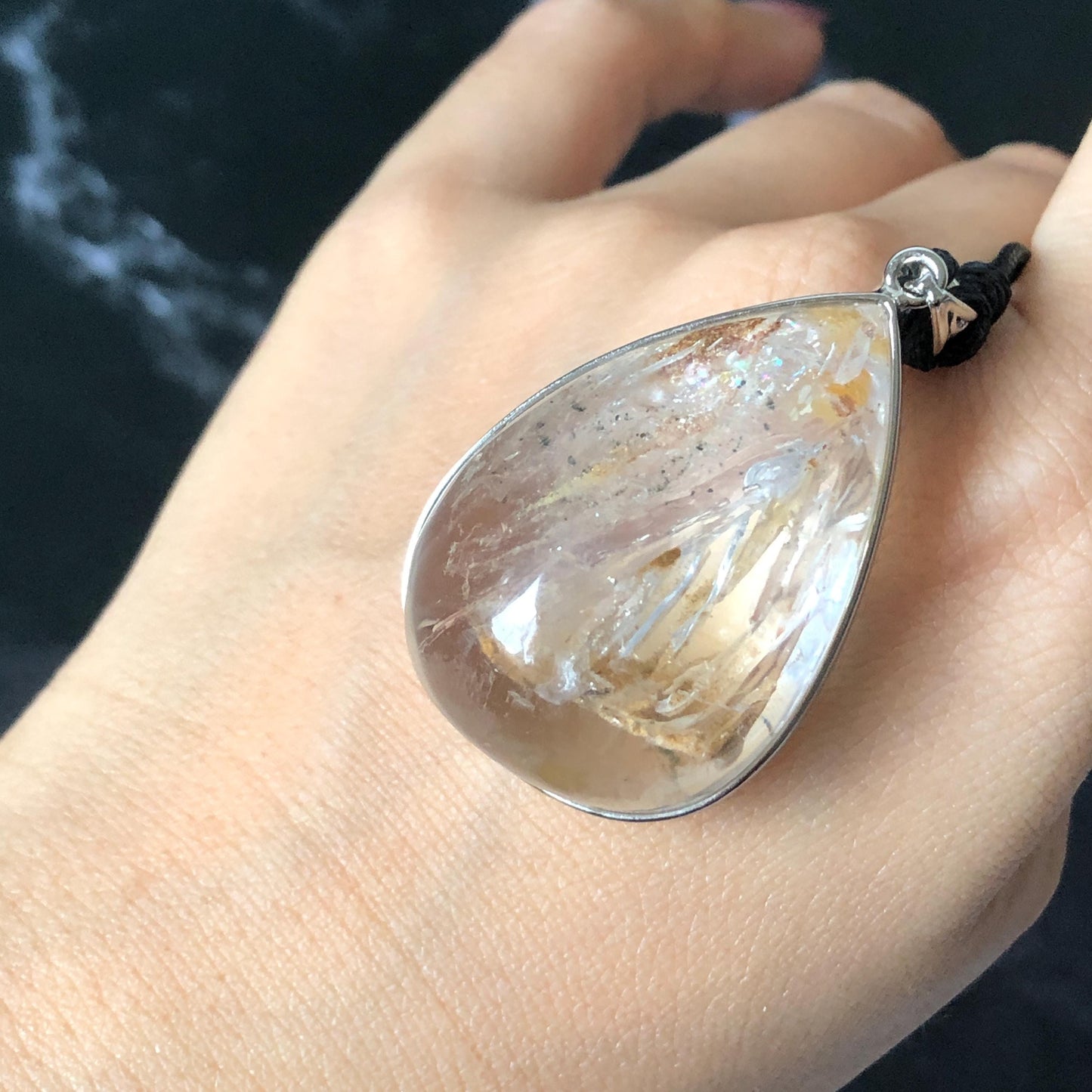 Ultra Rare! Polished Enhydro Quartz Shimmering Golden Yellow Sand Waterfall & Big Shifting Bubble with white Jellyfish S925 Silver Teardrop Pendant Adjustable Necklace | Natural Gemstone Birthstone Gift for her enhydro quartz sand water-fall pendant necklace choker gemstone charm stone pendant choker polished stone pendant crystal charm birthstone men necklace chakra crystal minerals specimen silver wire wrapped pendant inclusion crystal inclusion crystal yellow sand inclusion rainbow quartz