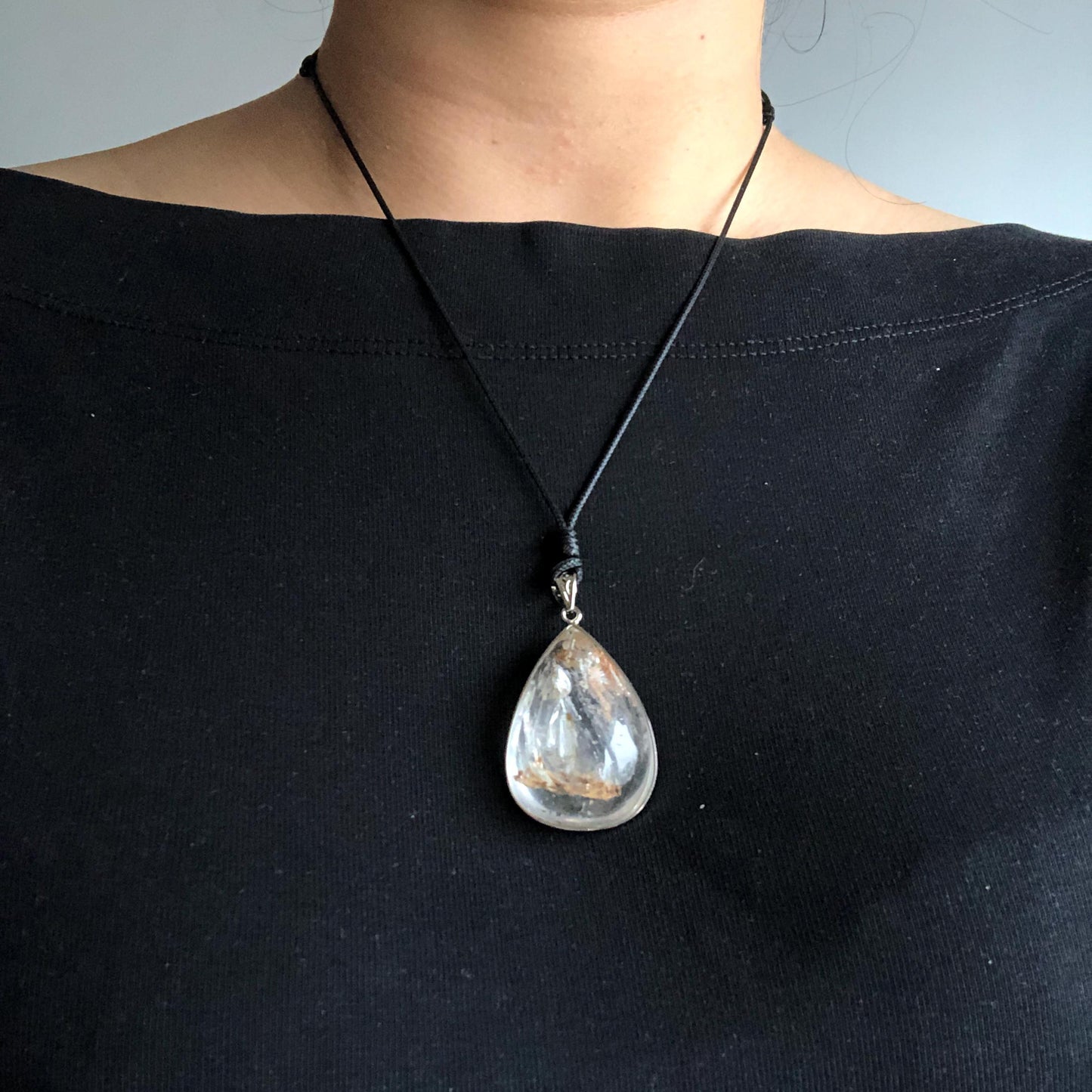 Ultra Rare! Polished Enhydro Quartz Shimmering Golden Yellow Sand Waterfall & Big Shifting Bubble with white Jellyfish S925 Silver Teardrop Pendant Adjustable Necklace | Natural Gemstone Birthstone Gift for her enhydro quartz sand water-fall pendant necklace choker gemstone charm stone pendant choker polished stone pendant crystal charm birthstone men necklace chakra crystal minerals specimen silver wire wrapped pendant inclusion crystal inclusion crystal yellow sand inclusion rainbow quartz