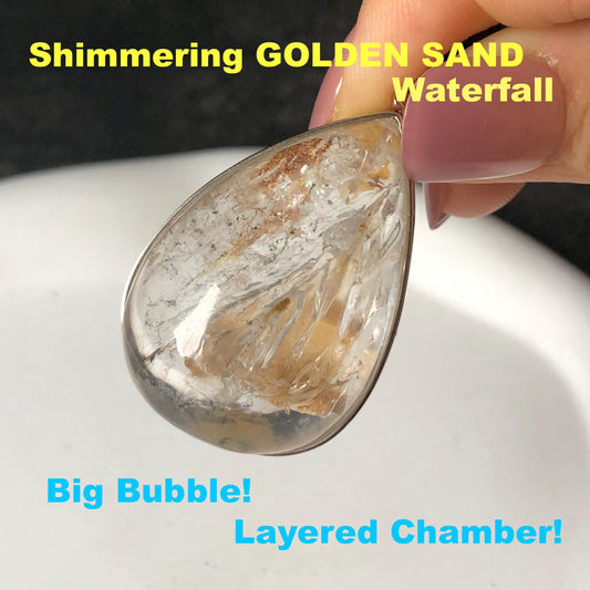 Ultra Rare! Polished Enhydro Quartz Shimmering Golden Yellow Sand Waterfall & Big Shifting Bubble with white Jellyfish S925 Silver Teardrop Pendant Adjustable Necklace | Natural Gemstone Birthstone Gift for her enhydro quartz sand water-fall pendant necklace choker gemstone charm stone pendant choker polished stone pendant crystal charm birthstone men necklace chakra crystal minerals specimen silver wire wrapped pendant inclusion crystal inclusion crystal yellow sand inclusion rainbow quartz