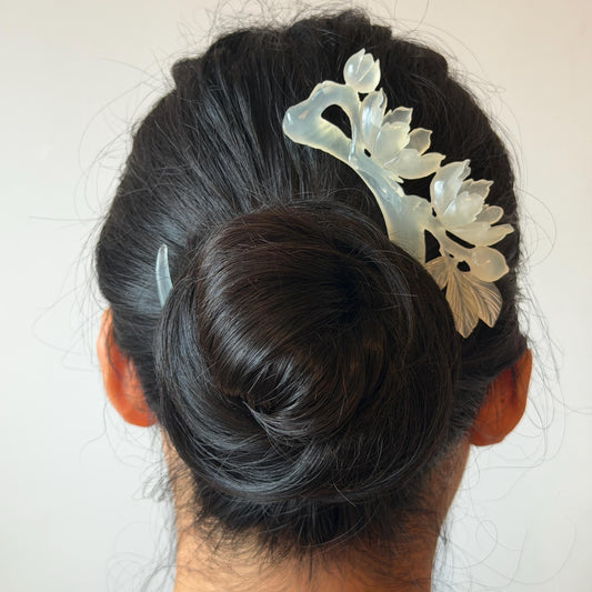 Xiu Jade Serpentine Hand Carved Peach Blossom Flower Hair Pin: Natural White Jade Handcrafted Crescent Moon Hair Stick 3D Stone Carving Hair Jewelry  Bridal Wedding Headpiece gift for her japanese hairpin korean hair stick chinese hair fork vintage hair comb antique hair pins hanfu hair stick bridal shower hair jewelry bridal shower gift engagement hair accessory jade carving hand engraved jade hand carved flower jade hairpins untreated natural jade with certificate handcraft jade moon hairpin