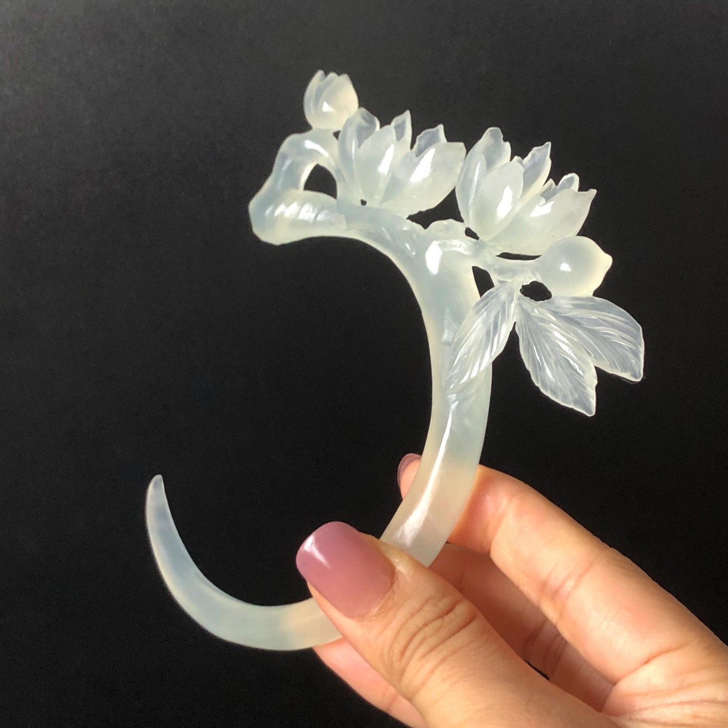 Xiu Jade Serpentine Hand Carved Peach Blossom Flower Hair Pin: Natural White Jade Handcrafted Crescent Moon Hair Stick 3D Stone Carving Hair Jewelry  Bridal Wedding Headpiece gift for her japanese hairpin korean hair stick chinese hair fork vintage hair comb antique hair pins hanfu hair stick bridal shower hair jewelry bridal shower gift engagement hair accessory jade carving hand engraved jade hand carved flower jade hairpins untreated natural jade with certificate handcraft jade moon hairpin