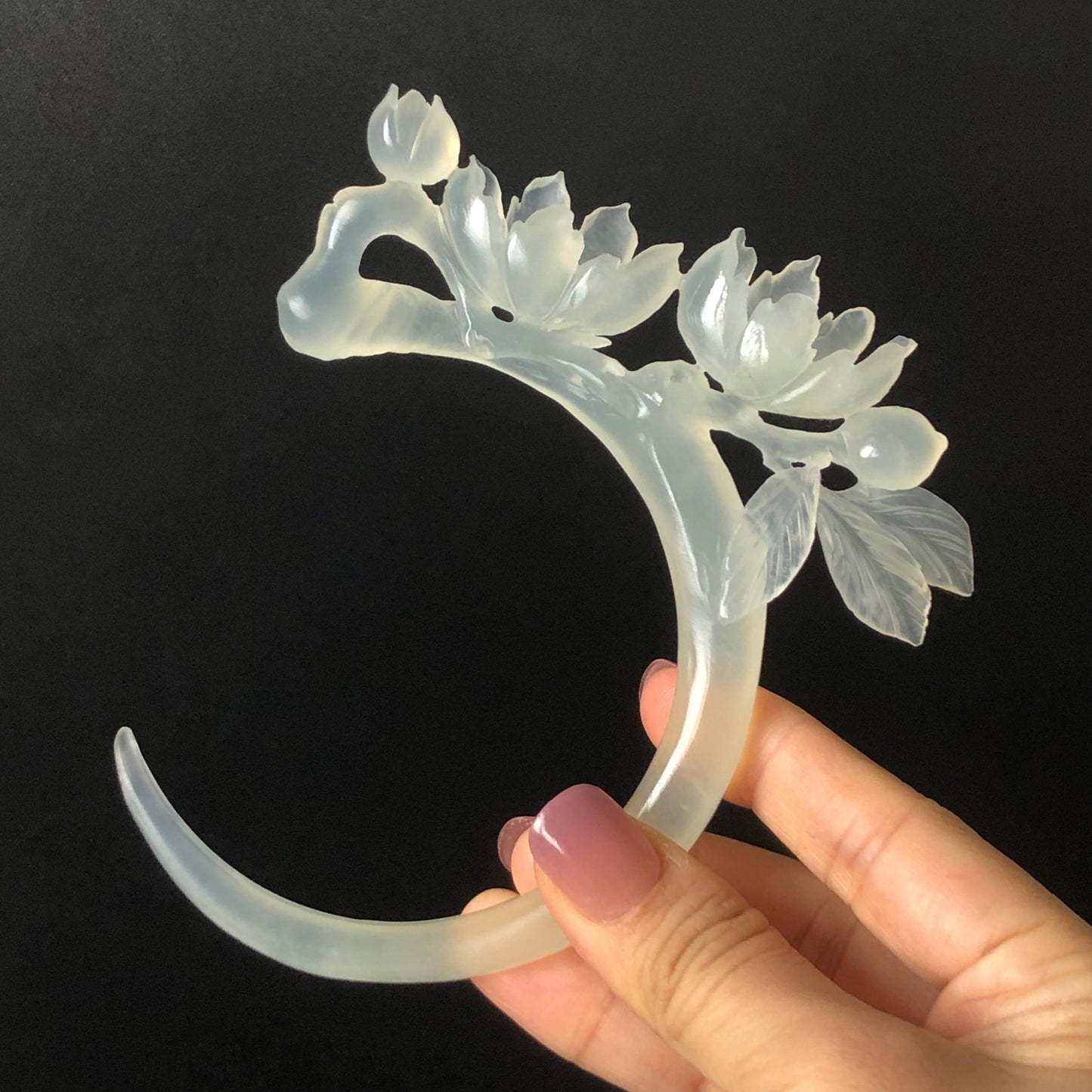 Xiu Jade Serpentine Hand Carved Peach Blossom Flower Hair Pin: Natural White Jade Handcrafted Crescent Moon Hair Stick 3D Stone Carving Hair Jewelry  Bridal Wedding Headpiece gift for her japanese hairpin korean hair stick chinese hair fork vintage hair comb antique hair pins hanfu hair stick bridal shower hair jewelry bridal shower gift engagement hair accessory jade carving hand engraved jade hand carved flower jade hairpins untreated natural jade with certificate handcraft jade moon hairpin