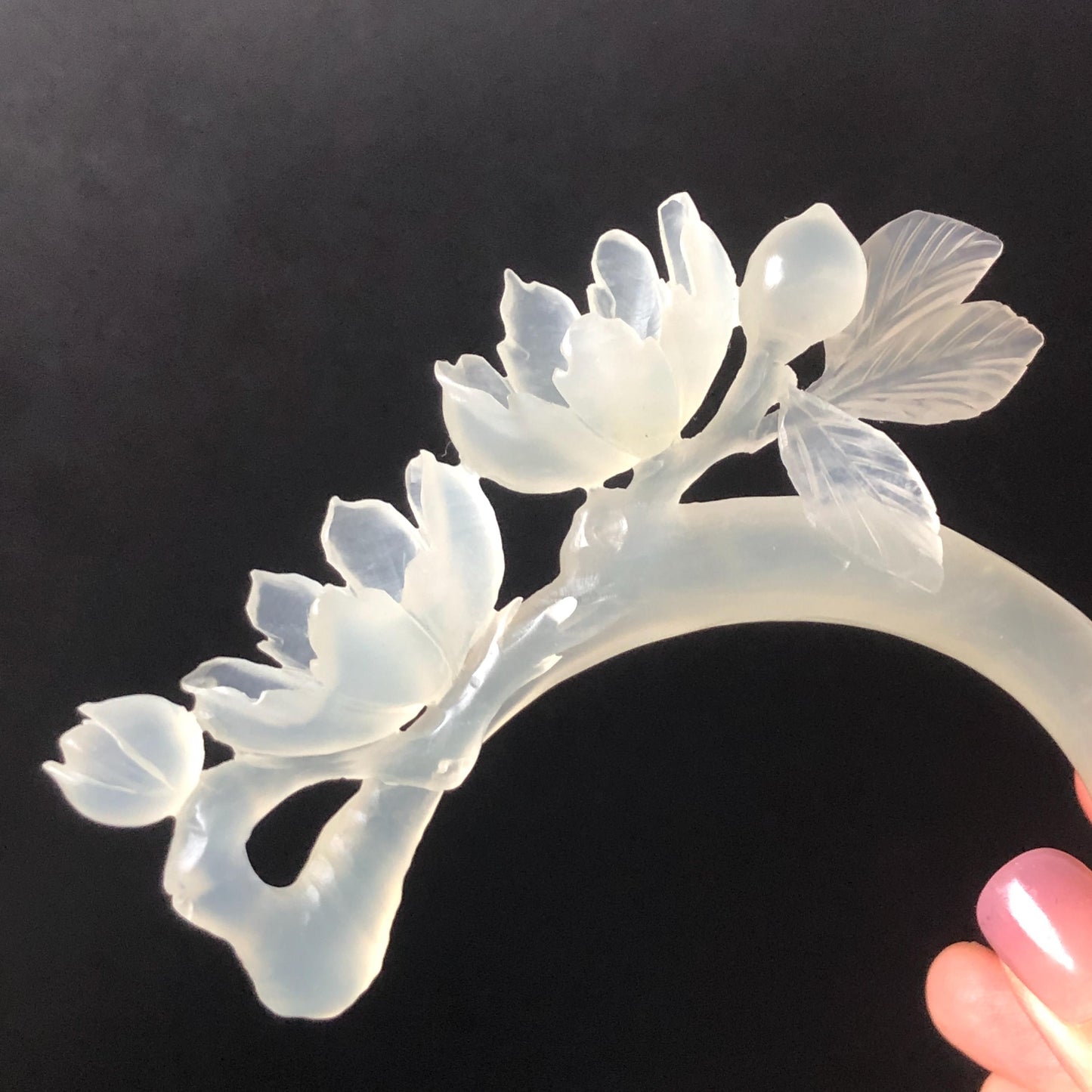 Xiu Jade Serpentine Hand Carved Peach Blossom Flower Hair Pin: Natural White Jade Handcrafted Crescent Moon Hair Stick 3D Stone Carving Hair Jewelry  Bridal Wedding Headpiece gift for her japanese hairpin korean hair stick chinese hair fork vintage hair comb antique hair pins hanfu hair stick bridal shower hair jewelry bridal shower gift engagement hair accessory jade carving hand engraved jade hand carved flower jade hairpins untreated natural jade with certificate handcraft jade moon hairpin