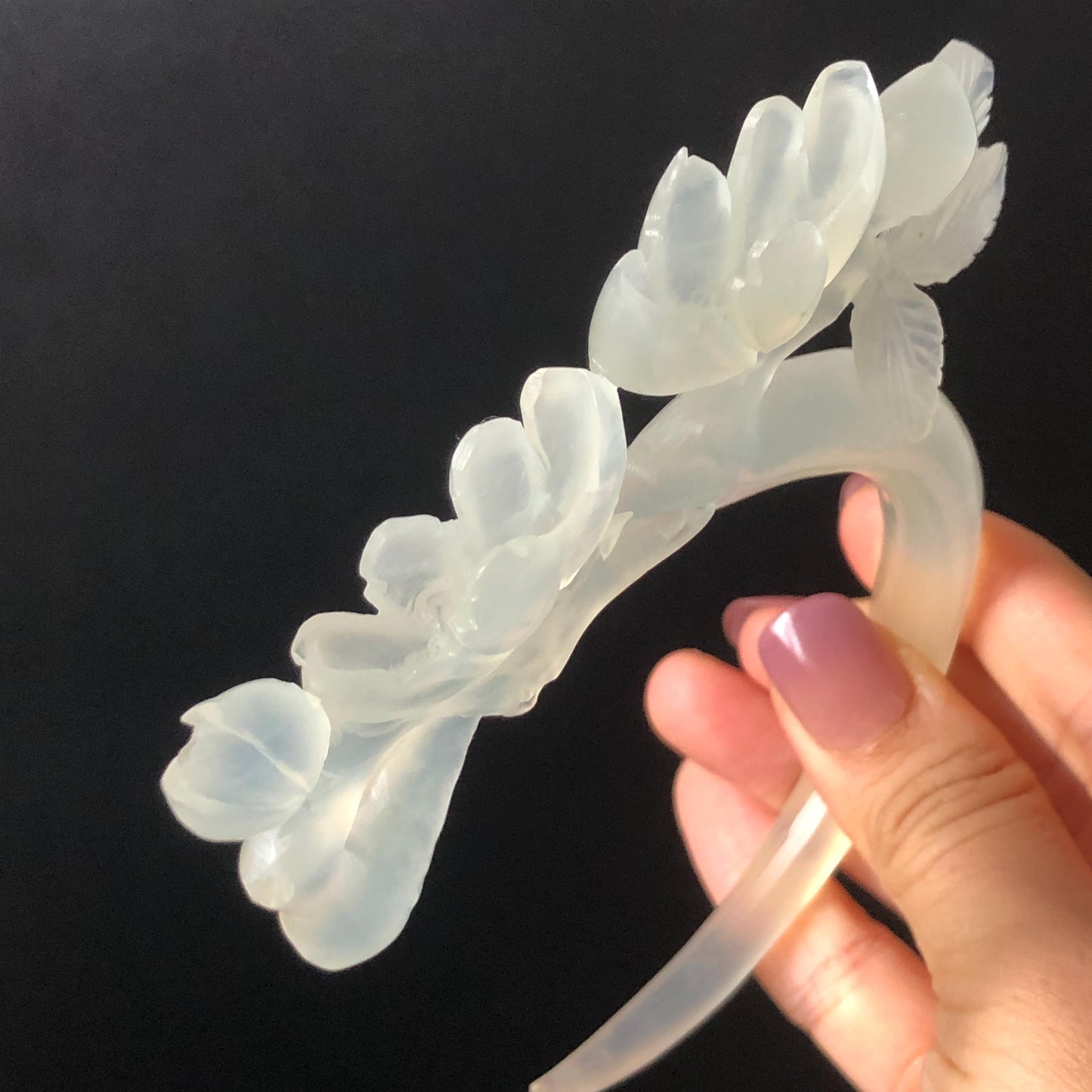 Xiu Jade Serpentine Hand Carved Peach Blossom Flower Hair Pin: Natural White Jade Handcrafted Crescent Moon Hair Stick 3D Stone Carving Hair Jewelry  Bridal Wedding Headpiece gift for her japanese hairpin korean hair stick chinese hair fork vintage hair comb antique hair pins hanfu hair stick bridal shower hair jewelry bridal shower gift engagement hair accessory jade carving hand engraved jade hand carved flower jade hairpins untreated natural jade with certificate handcraft jade moon hairpin