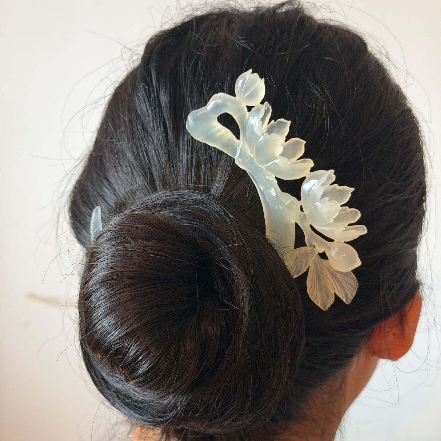 Xiu Jade Serpentine Hand Carved Peach Blossom Flower Hair Pin: Natural White Jade Handcrafted Crescent Moon Hair Stick 3D Stone Carving Hair Jewelry  Bridal Wedding Headpiece gift for her japanese hairpin korean hair stick chinese hair fork vintage hair comb antique hair pins hanfu hair stick bridal shower hair jewelry bridal shower gift engagement hair accessory jade carving hand engraved jade hand carved flower jade hairpins untreated natural jade with certificate handcraft jade moon hairpin