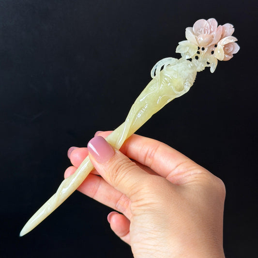 Xiu Jade Serpentine Hand Carved Pink Ginseng Flower Hair Pin: Natural Yellow & Pink Jade Handcrafted Hair Stick 3D stone carving Hair Jewelry Asian Chinese Vintage Hanfu Hair Fork gift for her pink jade carving yellow jade flower carving flower carving hand engraved ginseng hairpins japanese hair stick korean hair pins vinatge hair fork chinese hair comb antique hairpins wedding headpiece engagement hair jewelry bridal shower gift hair accessory 3D stone carving asian hair crown birthday gift