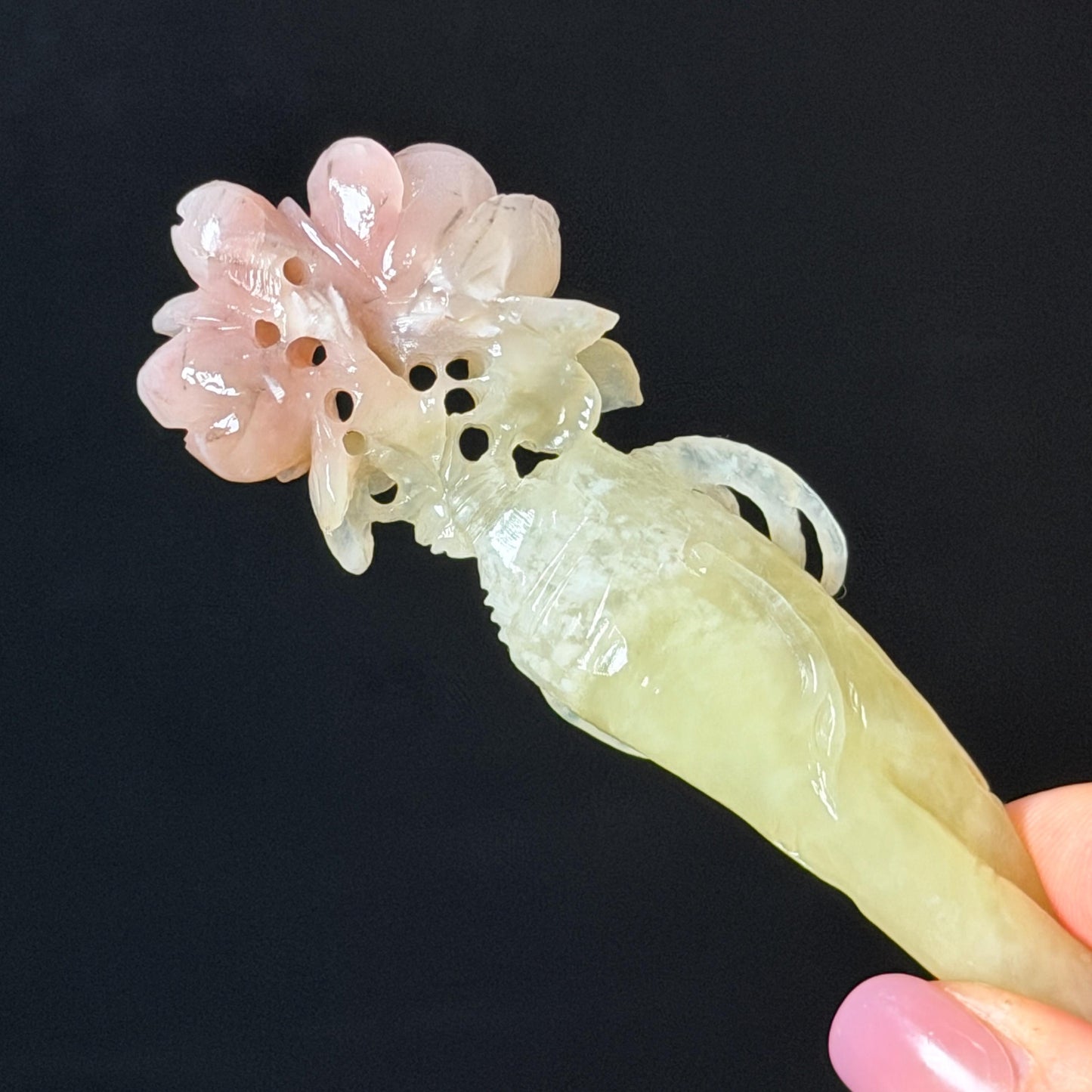 Xiu Jade Serpentine Hand Carved Pink Ginseng Flower Hair Pin: Natural Yellow & Pink Jade Handcrafted Hair Stick 3D stone carving Hair Jewelry Asian Chinese Vintage Hanfu Hair Fork gift for her pink jade carving yellow jade flower carving flower carving hand engraved ginseng hairpins japanese hair stick korean hair pins vinatge hair fork chinese hair comb antique hairpins wedding headpiece engagement hair jewelry bridal shower gift hair accessory 3D stone carving asian hair crown birthday gift