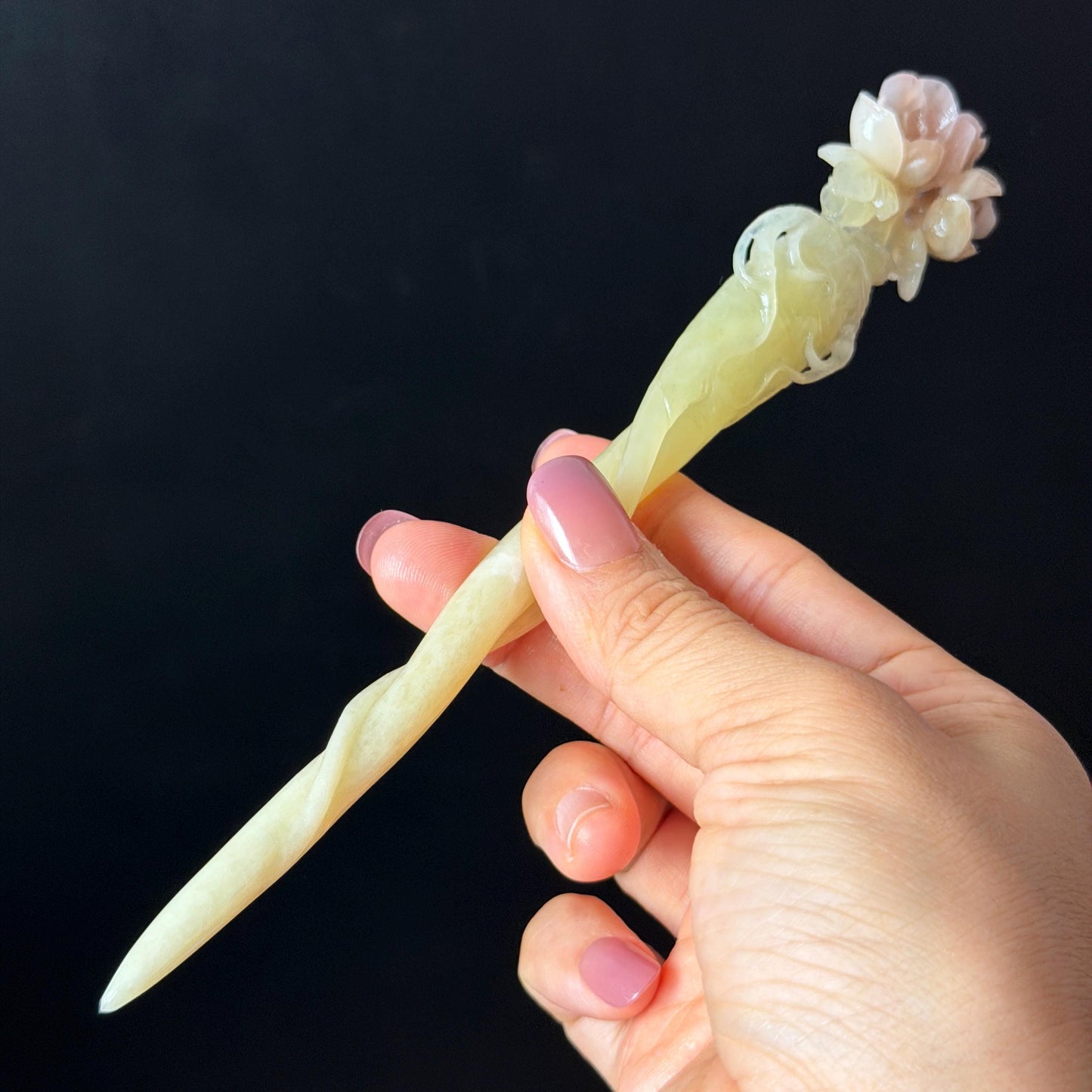 Xiu Jade Serpentine Hand Carved Pink Ginseng Flower Hair Pin: Natural Yellow & Pink Jade Handcrafted Hair Stick 3D stone carving Hair Jewelry Asian Chinese Vintage Hanfu Hair Fork gift for her pink jade carving yellow jade flower carving flower carving hand engraved ginseng hairpins japanese hair stick korean hair pins vinatge hair fork chinese hair comb antique hairpins wedding headpiece engagement hair jewelry bridal shower gift hair accessory 3D stone carving asian hair crown birthday gift