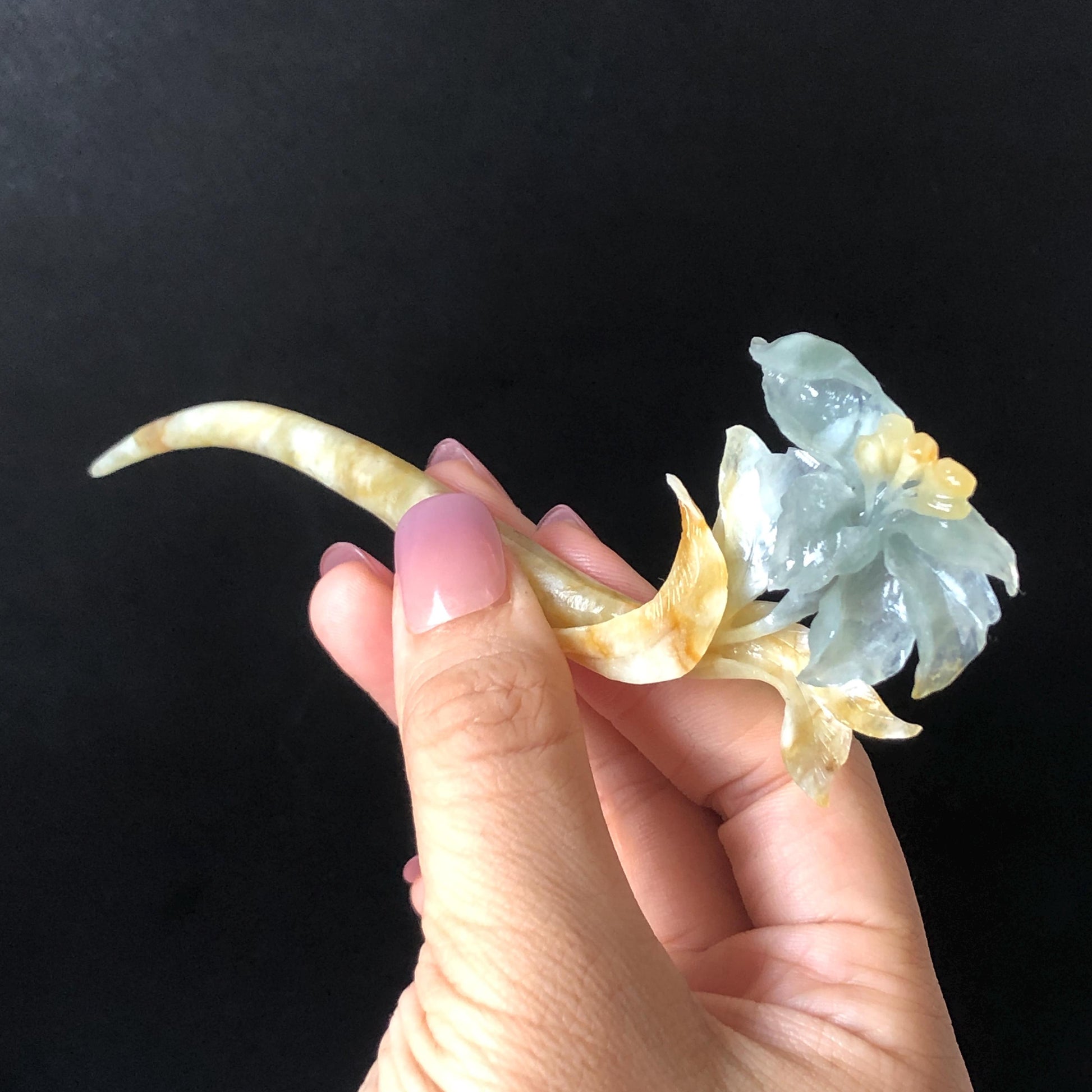 Xiu Jade Serpentine Hand Carved Lily Flower Small Hair Pin: Multicolor Caramel Yellow Blue Jade Handcrafted Hair Stick 3D stone carving Hair Jewelry | Asian Chinese Vintage Hanfu Hair Fork gift for her blue jade carving yellow jade flower carving lily carving hand engraved lily hairpins japanese hair stick korean hair pins vinatge hair fork chinese hair comb antique hairpins wedding headpiece engagement hair jewelry bridal shower gift bridal hair accessory 3D stone carving asian hair crown