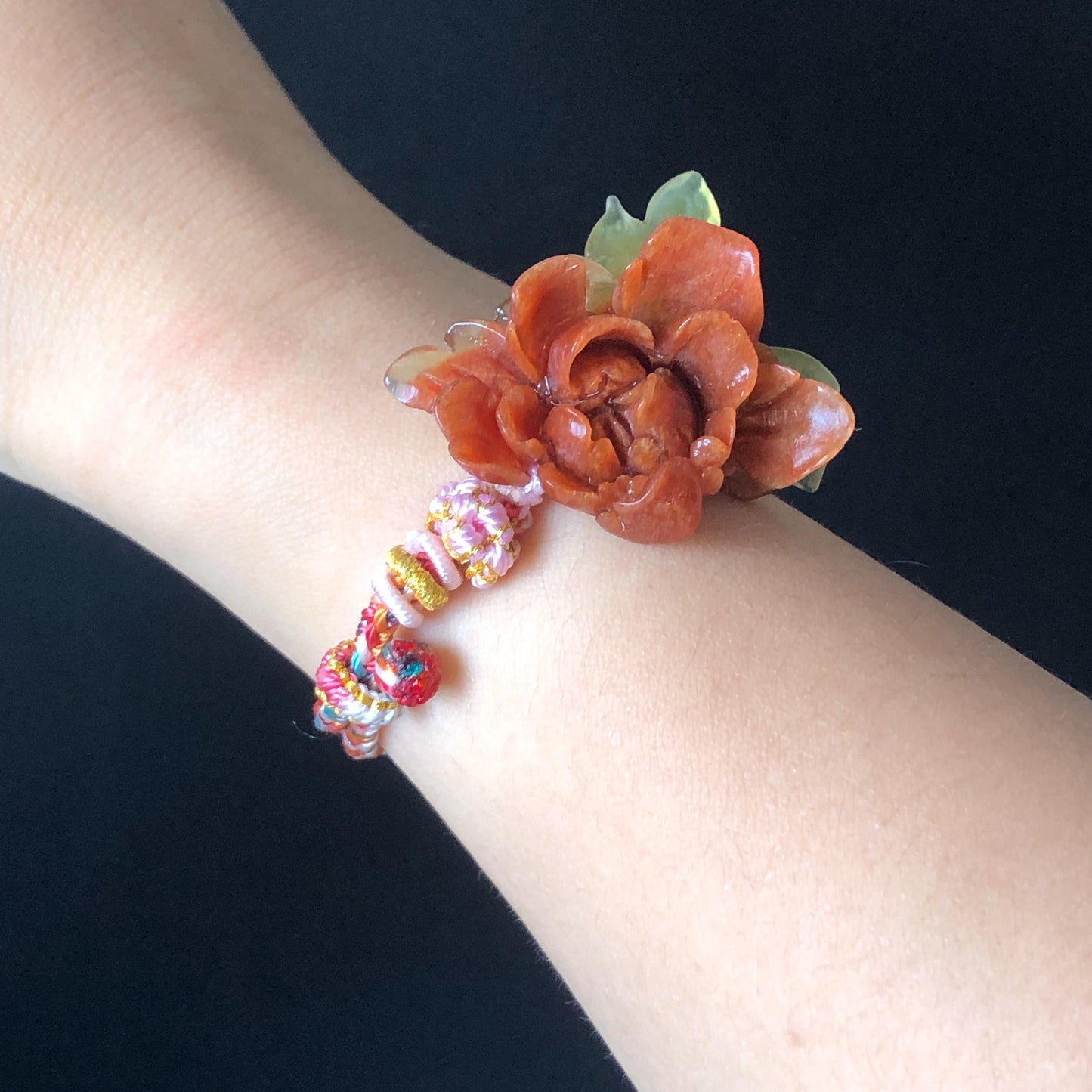 Xiu Jade Serpentine Hand Carved Blooming Peony Flower Charm Braided Bracelet: Natural Ice Yellow Red Jade Adjustable Bracelet 3D Stone Carving   adjustable bracelet woven bracelet rope 3D jade carving red jade yellow jade natural untreated jade handcrafted charm bead bracelet handmade bracelet flower carving peony carving hand engraved charm chinese braided bracelet vintage bracelet antique bracelet lucky rope flower lover gift birthday gift handcrafted bracelet birthday gift handmade bracelet