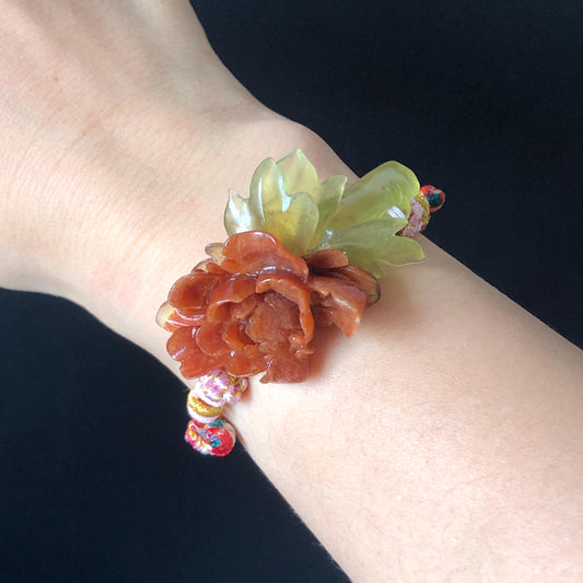 Xiu Jade Serpentine Hand Carved Blooming Peony Flower Charm Braided Bracelet: Natural Ice Yellow Red Jade Adjustable Bracelet 3D Stone Carving   adjustable bracelet woven bracelet rope 3D jade carving red jade yellow jade natural untreated jade handcrafted charm bead bracelet handmade bracelet flower carving peony carving hand engraved charm chinese braided bracelet vintage bracelet antique bracelet lucky rope flower lover gift birthday gift handcrafted bracelet birthday gift handmade bracelet
