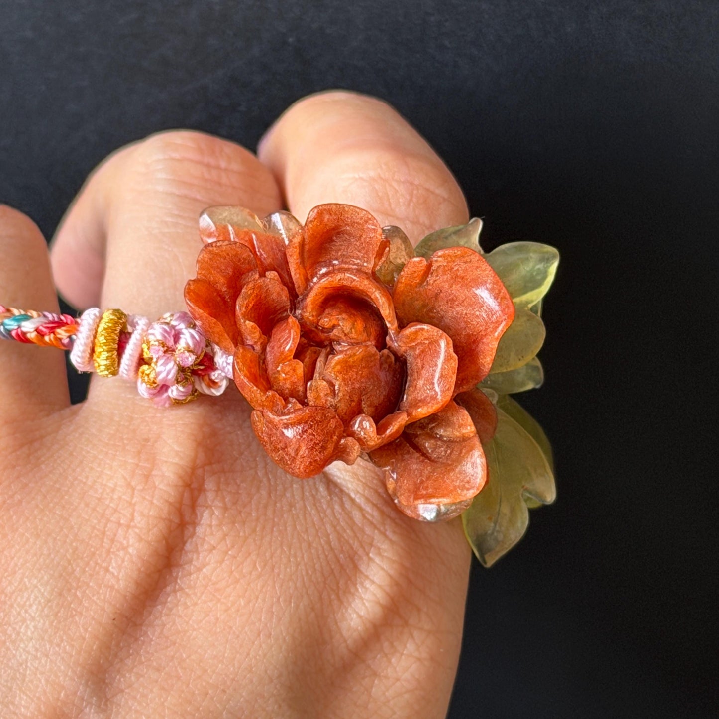 Xiu Jade Serpentine Hand Carved Blooming Peony Flower Charm Braided Bracelet: Natural Ice Yellow Red Jade Adjustable Bracelet 3D Stone Carving   adjustable bracelet woven bracelet rope 3D jade carving red jade yellow jade natural untreated jade handcrafted charm bead bracelet handmade bracelet flower carving peony carving hand engraved charm chinese braided bracelet vintage bracelet antique bracelet lucky rope flower lover gift birthday gift handcrafted bracelet birthday gift handmade bracelet