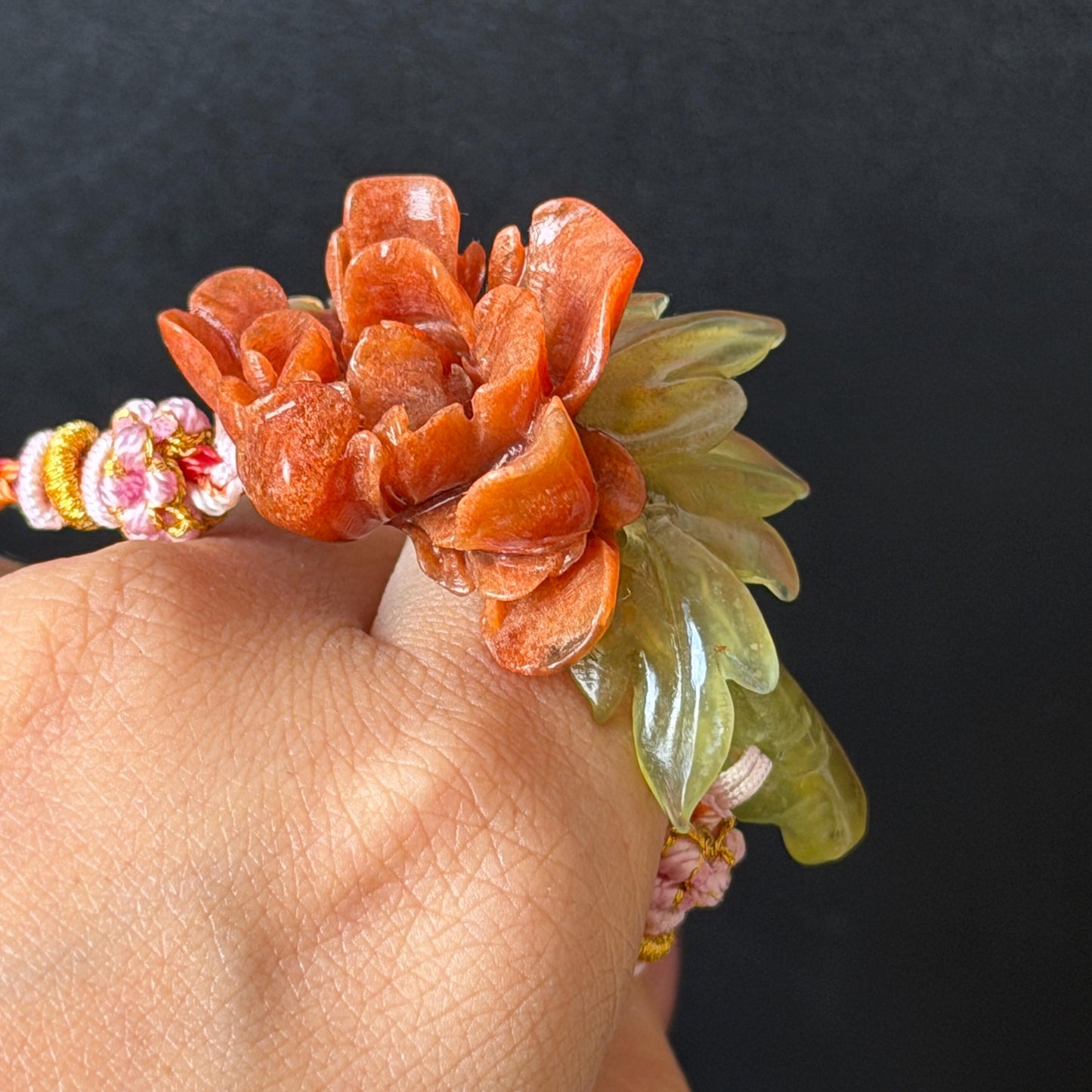 Xiu Jade Serpentine Hand Carved Blooming Peony Flower Charm Braided Bracelet: Natural Ice Yellow Red Jade Adjustable Bracelet 3D Stone Carving   adjustable bracelet woven bracelet rope 3D jade carving red jade yellow jade natural untreated jade handcrafted charm bead bracelet handmade bracelet flower carving peony carving hand engraved charm chinese braided bracelet vintage bracelet antique bracelet lucky rope flower lover gift birthday gift handcrafted bracelet birthday gift handmade bracelet
