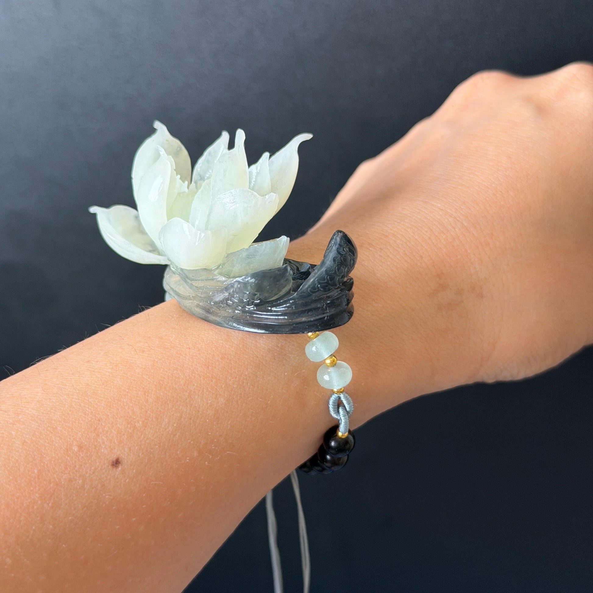 Xiu Jade Serpentine Hand Carved Lotus Flower & Fish Charm Braided Bracelet: Natural Ice Black & White Jade Adjustable Bracelet 3D Stone Carving adjustable bracelet woven bracelet rope 3D jade carving white jade black jade natural untreated jade handcrafted charm bead bracelet handmade bracelet flower carving lotus carving hand engraved charm chinese braided bracelet vintage bracelet antique bracelet lucky rope flower lover gift handcrafted bracelet birthday gift handmade bracelet fish carving