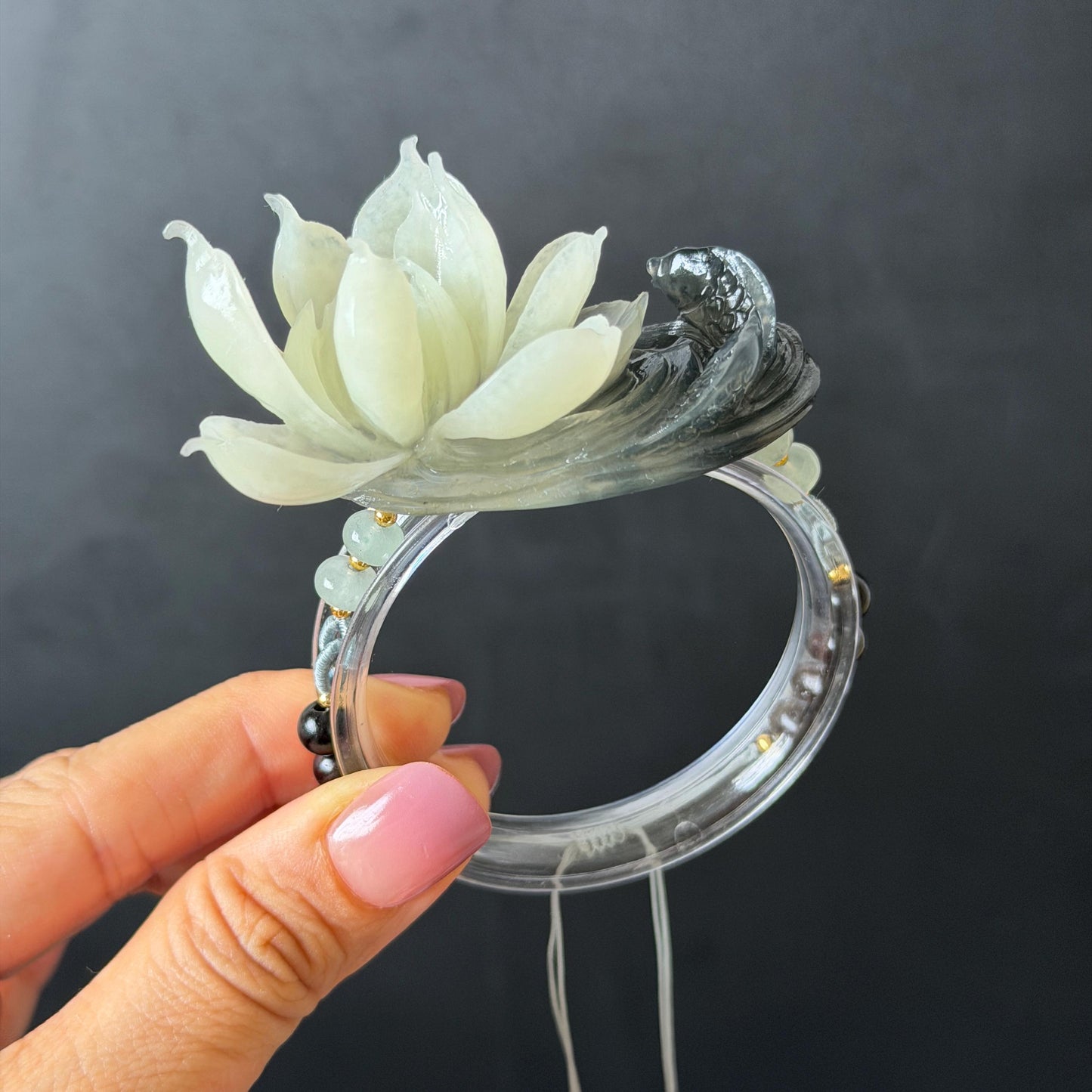 Xiu Jade Serpentine Hand Carved Lotus Flower & Fish Charm Braided Bracelet: Natural Ice Black & White Jade Adjustable Bracelet 3D Stone Carving adjustable bracelet woven bracelet rope 3D jade carving white jade black jade natural untreated jade handcrafted charm bead bracelet handmade bracelet flower carving lotus carving hand engraved charm chinese braided bracelet vintage bracelet antique bracelet lucky rope flower lover gift handcrafted bracelet birthday gift handmade bracelet fish carving