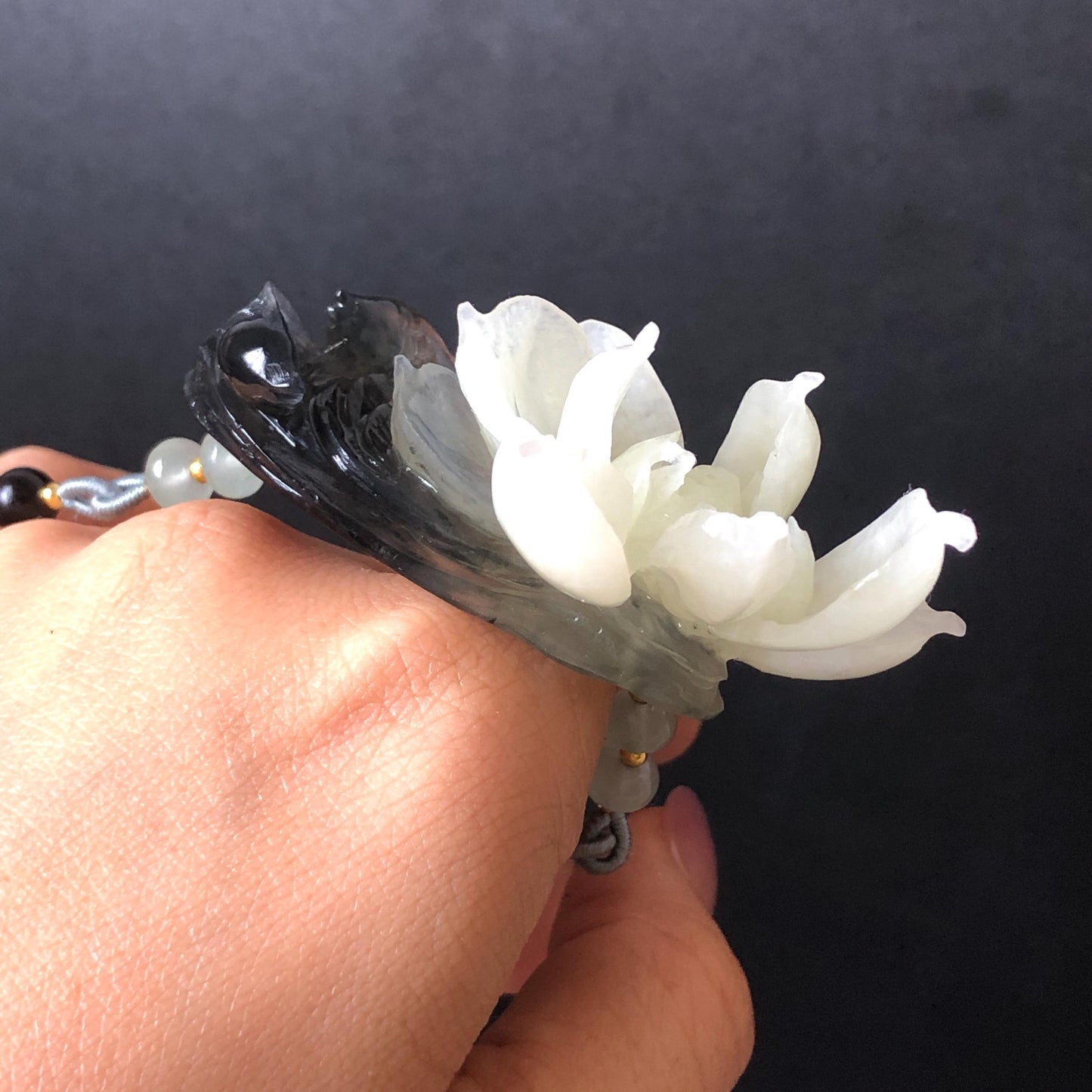 Xiu Jade Serpentine Hand Carved Lotus Flower & Fish Charm Braided Bracelet: Natural Ice Black & White Jade Adjustable Bracelet 3D Stone Carving adjustable bracelet woven bracelet rope 3D jade carving white jade black jade natural untreated jade handcrafted charm bead bracelet handmade bracelet flower carving lotus carving hand engraved charm chinese braided bracelet vintage bracelet antique bracelet lucky rope flower lover gift handcrafted bracelet birthday gift handmade bracelet fish carving