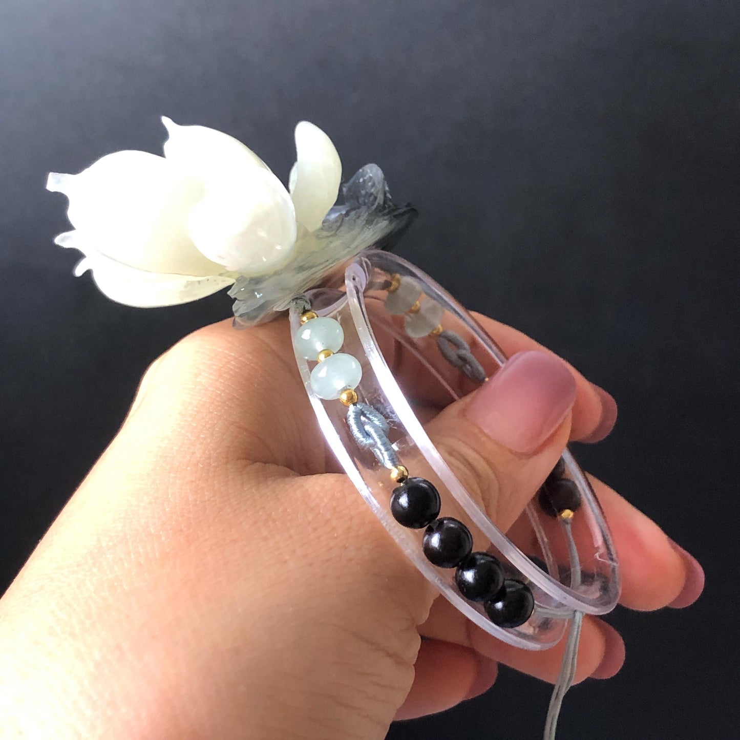 Xiu Jade Serpentine Hand Carved Lotus Flower & Fish Charm Braided Bracelet: Natural Ice Black & White Jade Adjustable Bracelet 3D Stone Carving adjustable bracelet woven bracelet rope 3D jade carving white jade black jade natural untreated jade handcrafted charm bead bracelet handmade bracelet flower carving lotus carving hand engraved charm chinese braided bracelet vintage bracelet antique bracelet lucky rope flower lover gift handcrafted bracelet birthday gift handmade bracelet fish carving