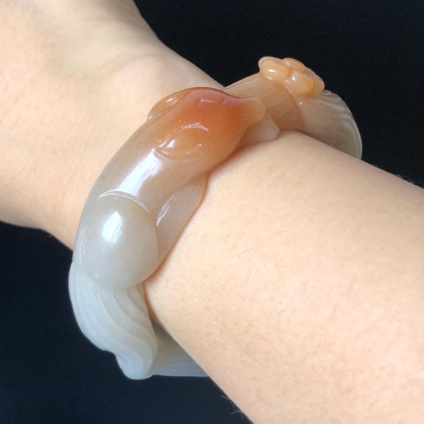 48-70mm! Custom Size Quartzite (She Taicui jade) Hand Carved Nine-tailed Fox Flower Stone Bangle: Natural Handcrafted Milky Coral Sands Tailor made Bracelet make to order tailor made bracelet fox carving fox lover gift orange jade brown jade chinese jade multicolor jade antique jade bracelet vintage jade bangle 3D stone carving animals carving hand engraved gemstone bangle for women customized bracelet handmade bangle nine tail fox carving gift for her peony carving flower carving