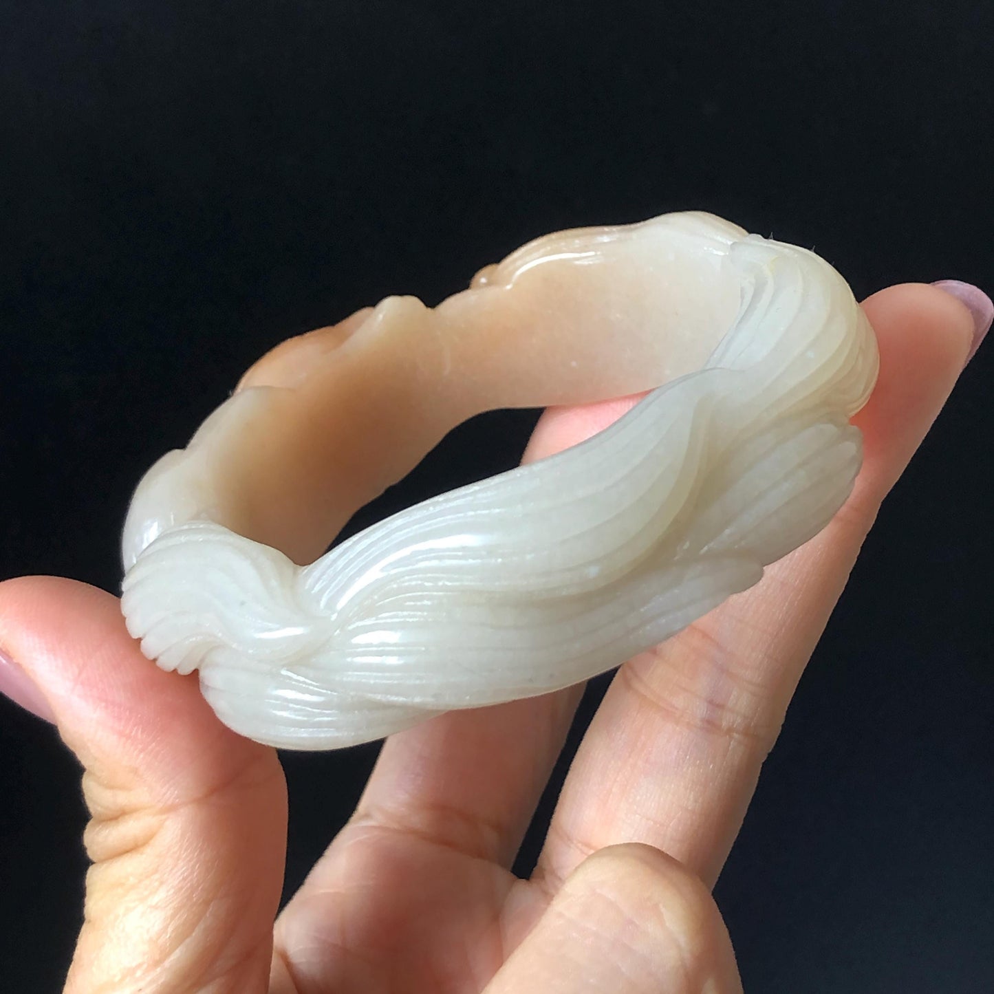 48-70mm! Custom Size Quartzite (She Taicui jade) Hand Carved Nine-tailed Fox Flower Stone Bangle: Natural Handcrafted Milky Coral Sands Tailor made Bracelet make to order tailor made bracelet fox carving fox lover gift orange jade brown jade chinese jade multicolor jade antique jade bracelet vintage jade bangle 3D stone carving animals carving hand engraved gemstone bangle for women customized bracelet handmade bangle nine tail fox carving gift for her peony carving flower carving