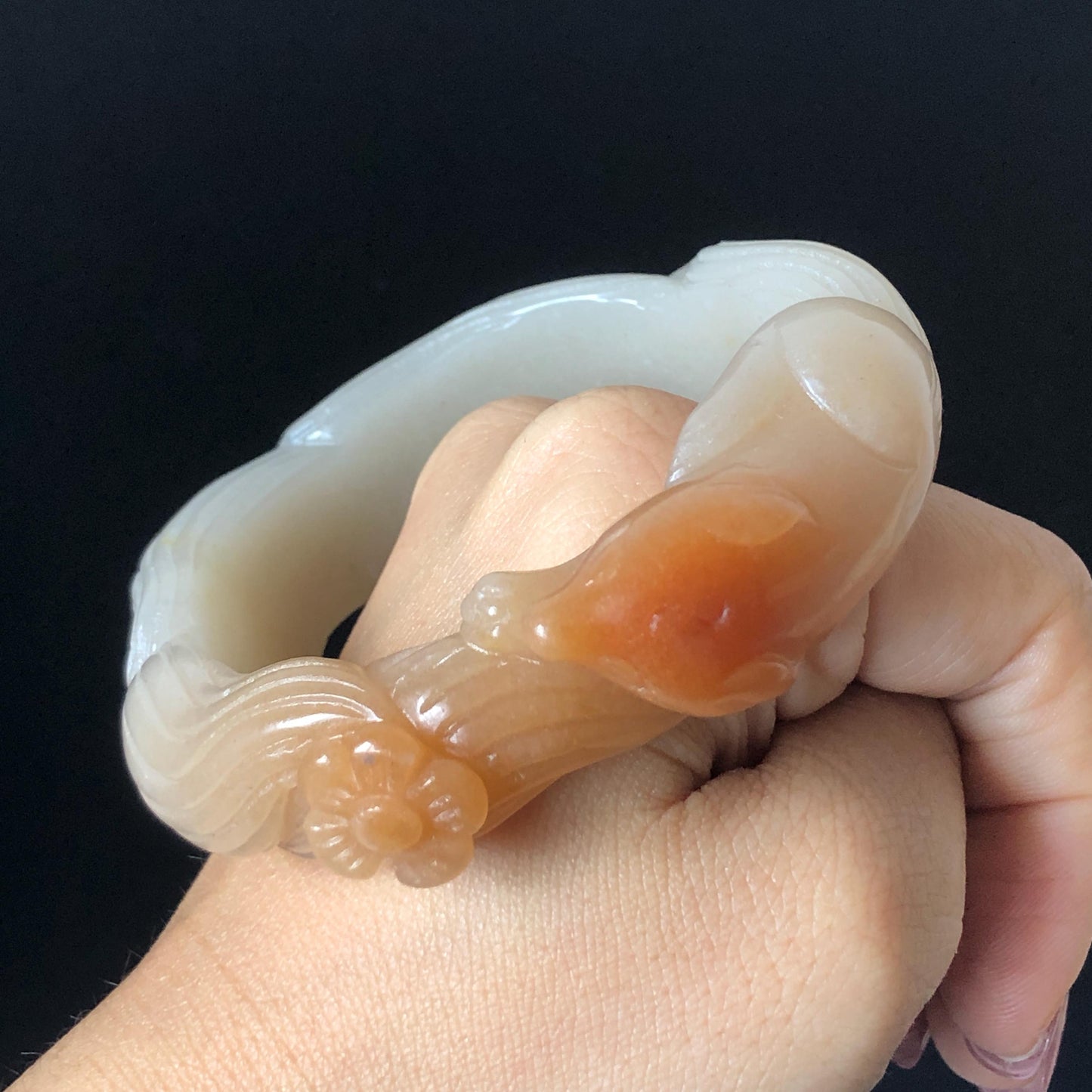 48-70mm! Custom Size Quartzite (She Taicui jade) Hand Carved Nine-tailed Fox Flower Stone Bangle: Natural Handcrafted Milky Coral Sands Tailor made Bracelet make to order tailor made bracelet fox carving fox lover gift orange jade brown jade chinese jade multicolor jade antique jade bracelet vintage jade bangle 3D stone carving animals carving hand engraved gemstone bangle for women customized bracelet handmade bangle nine tail fox carving gift for her peony carving flower carving