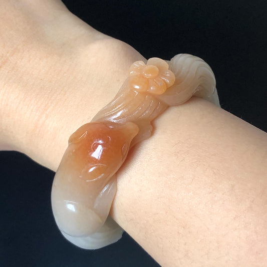 48-70mm! Custom Size Quartzite (She Taicui jade) Hand Carved Nine-tailed Fox Flower Stone Bangle: Natural Handcrafted Milky Coral Sands Tailor made Bracelet make to order tailor made bracelet fox carving fox lover gift orange jade brown jade chinese jade multicolor jade antique jade bracelet vintage jade bangle 3D stone carving animals carving hand engraved gemstone bangle for women customized bracelet handmade bangle nine tail fox carving gift for her peony carving flower carving