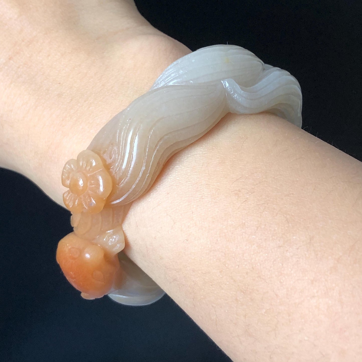 48-70mm! Custom Size Quartzite (She Taicui jade) Hand Carved Nine-tailed Fox Flower Stone Bangle: Natural Handcrafted Milky Coral Sands Tailor made Bracelet make to order tailor made bracelet fox carving fox lover gift orange jade brown jade chinese jade multicolor jade antique jade bracelet vintage jade bangle 3D stone carving animals carving hand engraved gemstone bangle for women customized bracelet handmade bangle nine tail fox carving gift for her peony carving flower carving