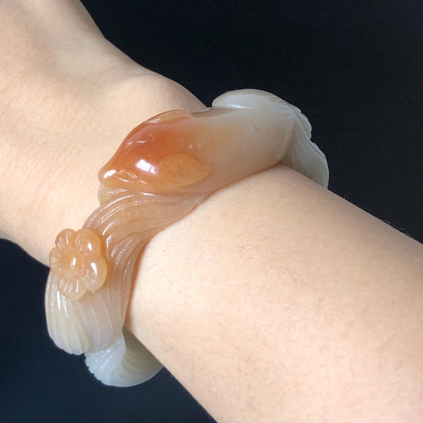 48-70mm! Custom Size Quartzite (She Taicui jade) Hand Carved Nine-tailed Fox Flower Stone Bangle: Natural Handcrafted Milky Coral Sands Tailor made Bracelet make to order tailor made bracelet fox carving fox lover gift orange jade brown jade chinese jade multicolor jade antique jade bracelet vintage jade bangle 3D stone carving animals carving hand engraved gemstone bangle for women customized bracelet handmade bangle nine tail fox carving gift for her peony carving flower carving