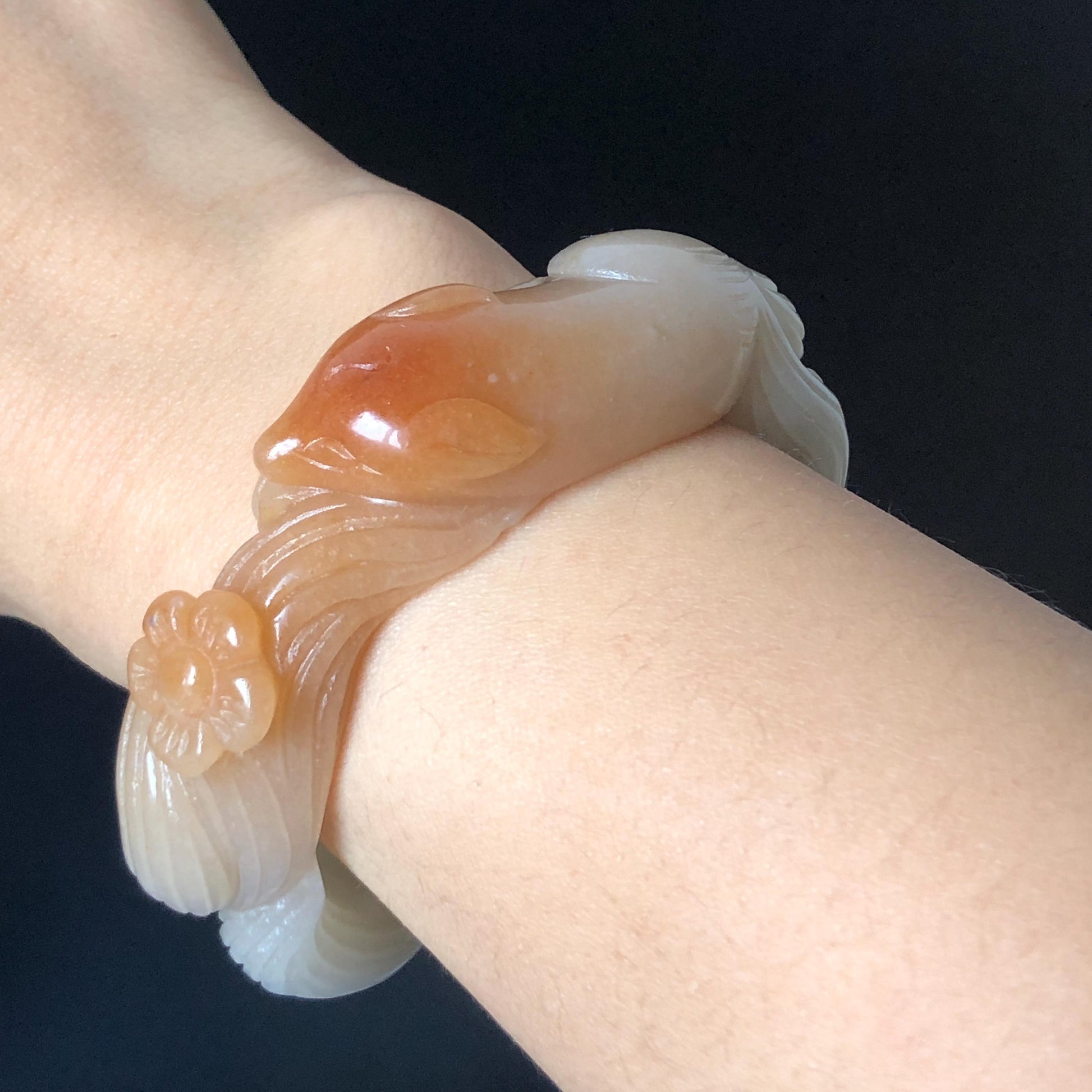 48-70mm! Custom Size Quartzite (She Taicui jade) Hand Carved Nine-tailed Fox Flower Stone Bangle: Natural Handcrafted Milky Coral Sands Tailor made Bracelet make to order tailor made bracelet fox carving fox lover gift orange jade brown jade chinese jade multicolor jade antique jade bracelet vintage jade bangle 3D stone carving animals carving hand engraved gemstone bangle for women customized bracelet handmade bangle nine tail fox carving gift for her peony carving flower carving
