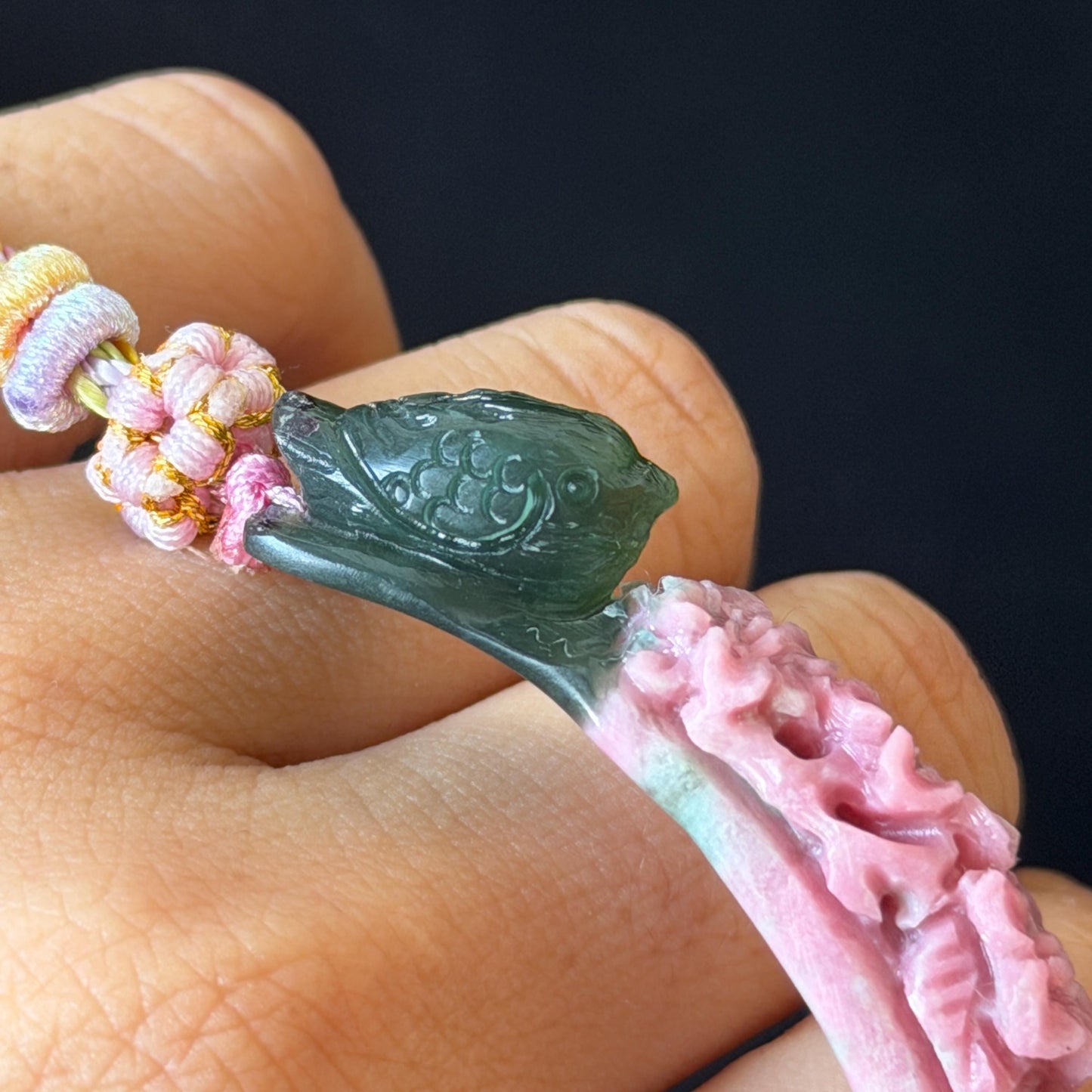 Natural Xiu Jade Serpentine Hand Carved Bird & Flower Charm Braided Bracelet: Greenish Green and Pink Jade Adjustable Bracelet 3D Stone Carving adjustable bracelet woven bracelet rope 3D jade carving green jade pink jade multicolour jade natural untreated jade handcrafted charm bead bracelet handmade bracelet bird carving flower carving hand engraved charm chinese braided bracelet vintage bracelet antique bracelet lucky rope