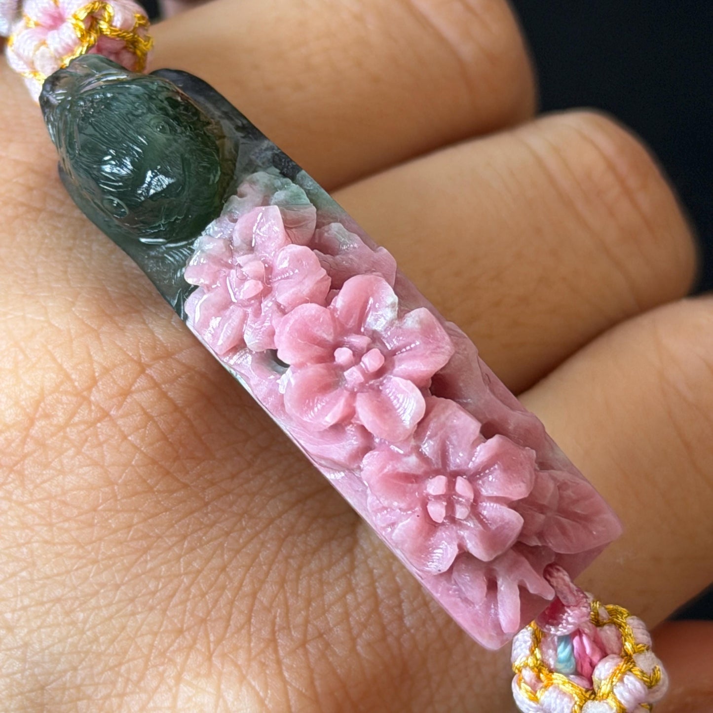 Natural Xiu Jade Serpentine Hand Carved Bird & Flower Charm Braided Bracelet: Greenish Green and Pink Jade Adjustable Bracelet 3D Stone Carving adjustable bracelet woven bracelet rope 3D jade carving green jade pink jade multicolour jade natural untreated jade handcrafted charm bead bracelet handmade bracelet bird carving flower carving hand engraved charm chinese braided bracelet vintage bracelet antique bracelet lucky rope