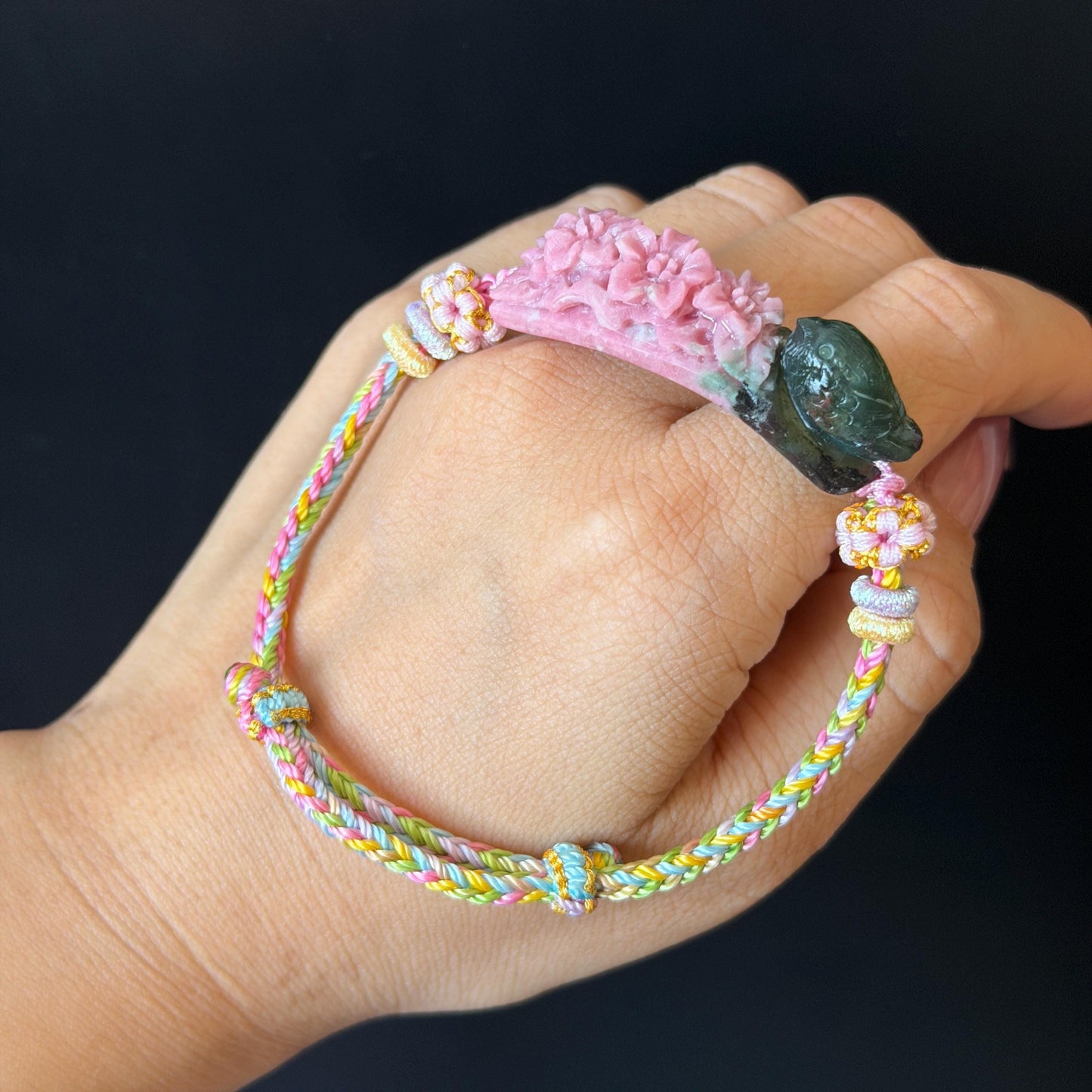 Natural Xiu Jade Serpentine Hand Carved Bird & Flower Charm Braided Bracelet: Greenish Green and Pink Jade Adjustable Bracelet 3D Stone Carving adjustable bracelet woven bracelet rope 3D jade carving green jade pink jade multicolour jade natural untreated jade handcrafted charm bead bracelet handmade bracelet bird carving flower carving hand engraved charm chinese braided bracelet vintage bracelet antique bracelet lucky rope
