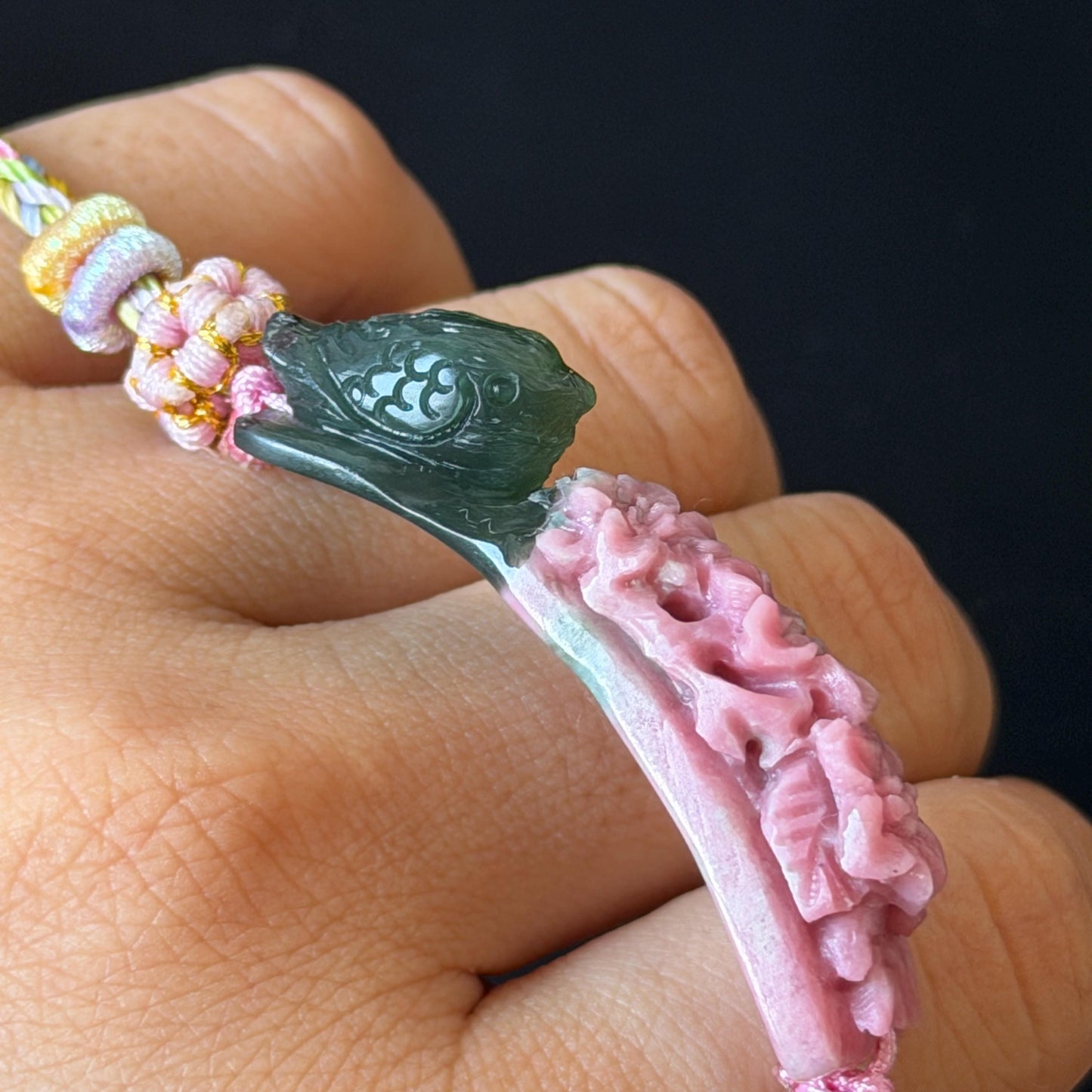 Natural Xiu Jade Serpentine Hand Carved Bird & Flower Charm Braided Bracelet: Greenish Green and Pink Jade Adjustable Bracelet 3D Stone Carving adjustable bracelet woven bracelet rope 3D jade carving green jade pink jade multicolour jade natural untreated jade handcrafted charm bead bracelet handmade bracelet bird carving flower carving hand engraved charm chinese braided bracelet vintage bracelet antique bracelet lucky rope