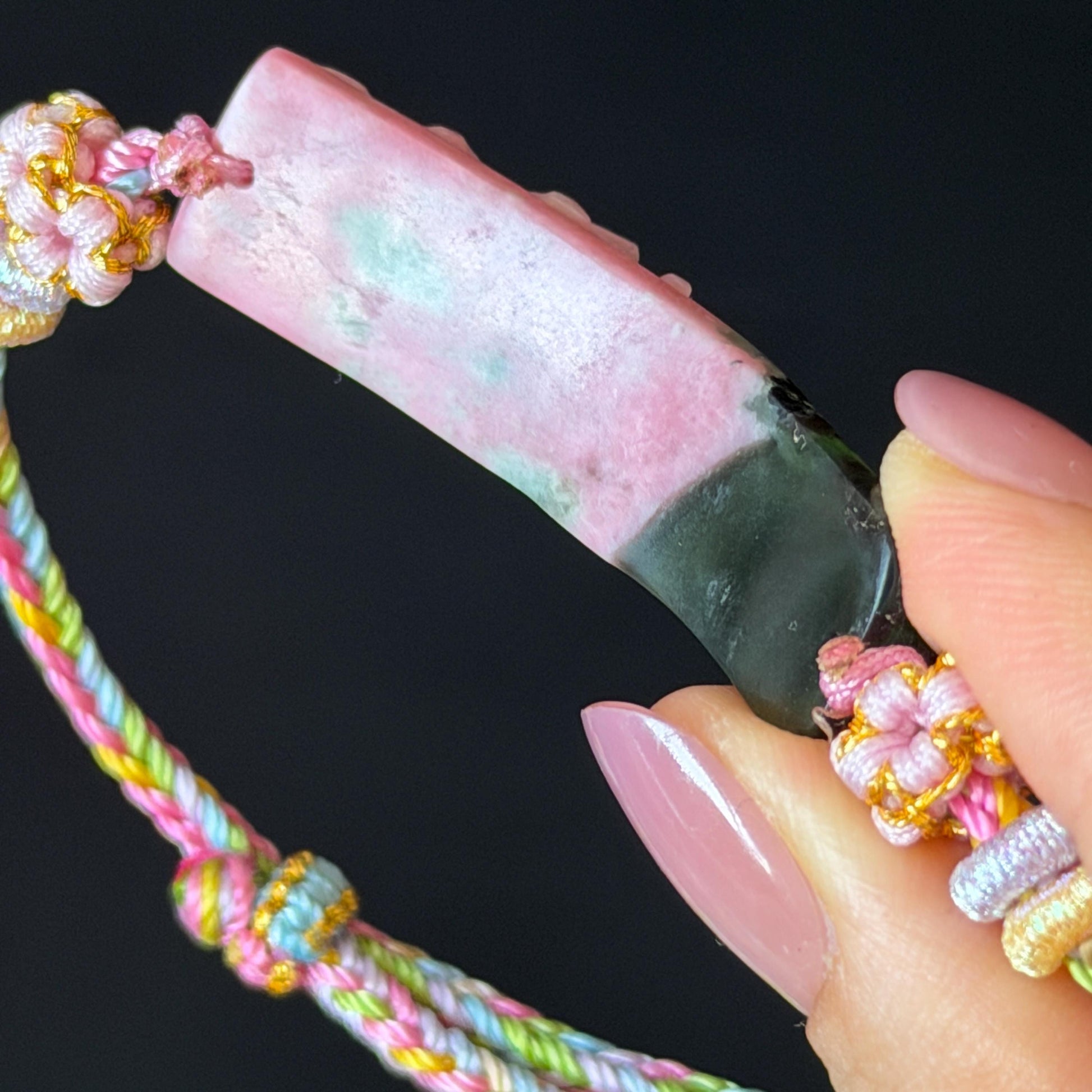Natural Xiu Jade Serpentine Hand Carved Bird & Flower Charm Braided Bracelet: Greenish Green and Pink Jade Adjustable Bracelet 3D Stone Carving adjustable bracelet woven bracelet rope 3D jade carving green jade pink jade multicolour jade natural untreated jade handcrafted charm bead bracelet handmade bracelet bird carving flower carving hand engraved charm chinese braided bracelet vintage bracelet antique bracelet lucky rope