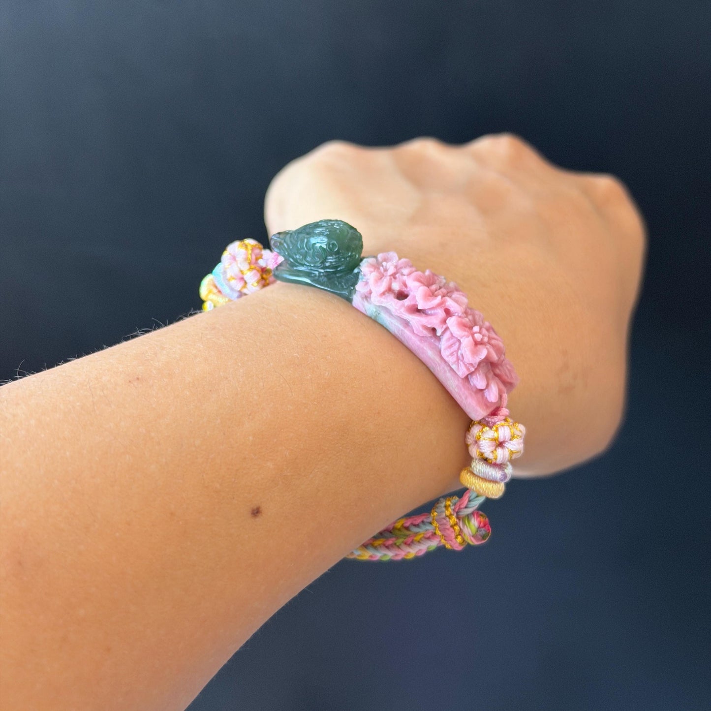 Natural Xiu Jade Serpentine Hand Carved Bird & Flower Charm Braided Bracelet: Greenish Green and Pink Jade Adjustable Bracelet 3D Stone Carving adjustable bracelet woven bracelet rope 3D jade carving green jade pink jade multicolour jade natural untreated jade handcrafted charm bead bracelet handmade bracelet bird carving flower carving hand engraved charm chinese braided bracelet vintage bracelet antique bracelet lucky rope