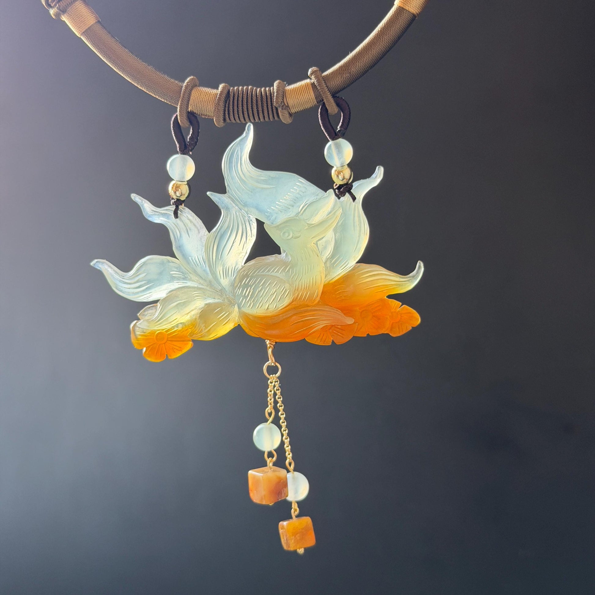 Xiu Jade Serpentine Hand Carved Nine Tail Fox and Flower Pendant Adjustable Necklace: Natural Untreated Orange and White Jade 3D Stone Carving Vintage Charm Chinese Pendant Necklace Antique Pendant multicolour jade orange jade white jade asian vintage necklace braided necklace nine-tailed fox carving nine tail fox charm fox lover gift flower carving hand engraved jewelry hand carved jade handcrafted necklace dangle good luck charm animals carving flower pendant adjustable necklace choker