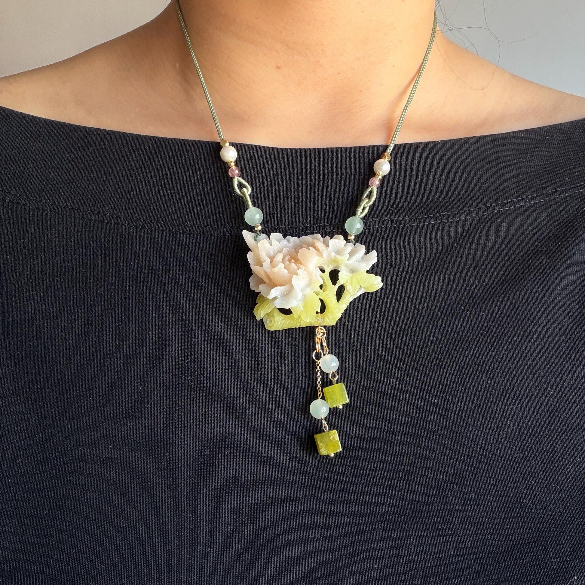Xiu Jade Serpentine Hand Carved Peony Flower Pendant Adjustable Necklace Choker: Natural Untreated Pink Beign and Green Jade Carving Charm