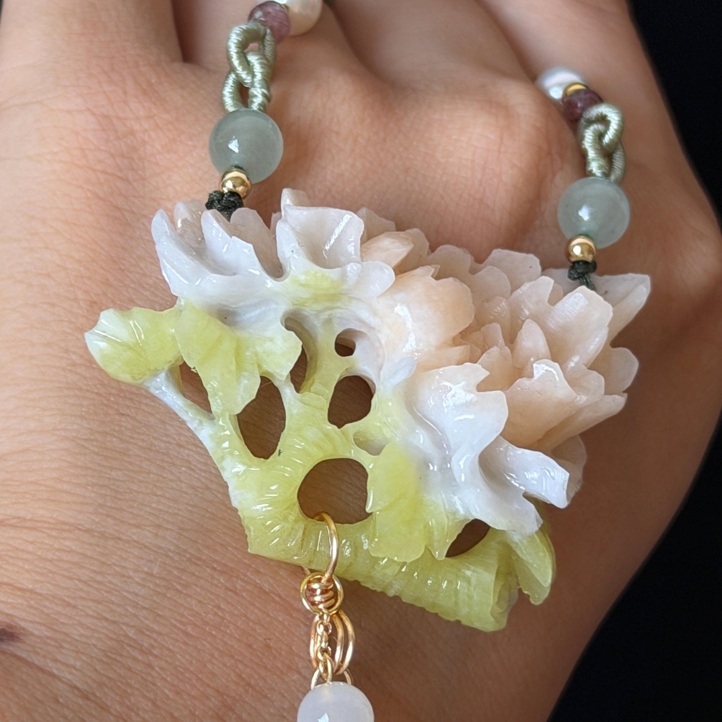Xiu Jade Serpentine Hand Carved Peony Flower Pendant Adjustable Necklace Choker: Natural Untreated Pink Beign and Green Jade Carving Charm