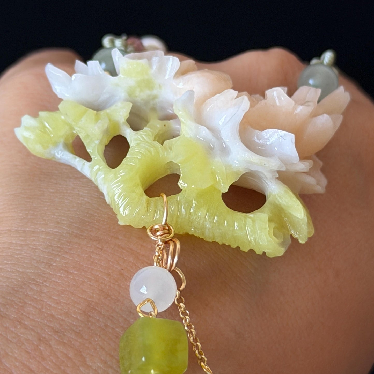 Xiu Jade Serpentine Hand Carved Peony Flower Pendant Adjustable Necklace Choker: Natural Untreated Pink Beign and Green Jade Carving Charm