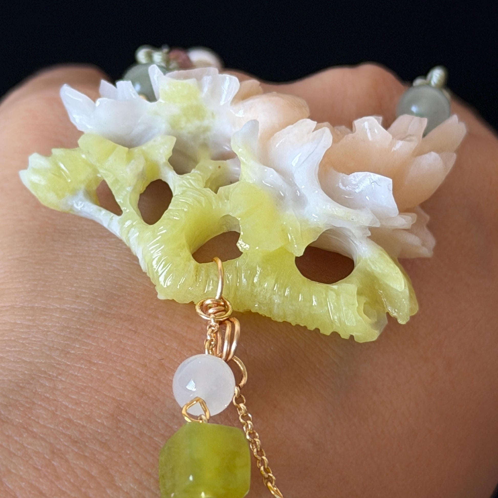 Xiu Jade Serpentine Hand Carved Peony Flower Pendant Adjustable Necklace Choker: Natural Untreated Pink Beign and Green Jade Carving Charm